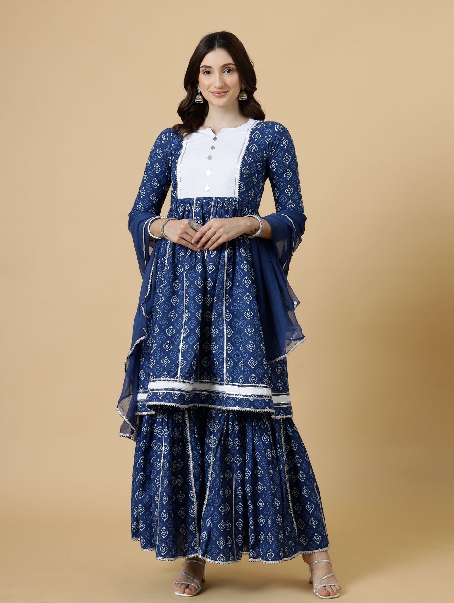 Elegant Navy-Blue Block Printed Sanganeri Kurti-Sharara Set | Functional Wear | Navy-Blue | Block Print |