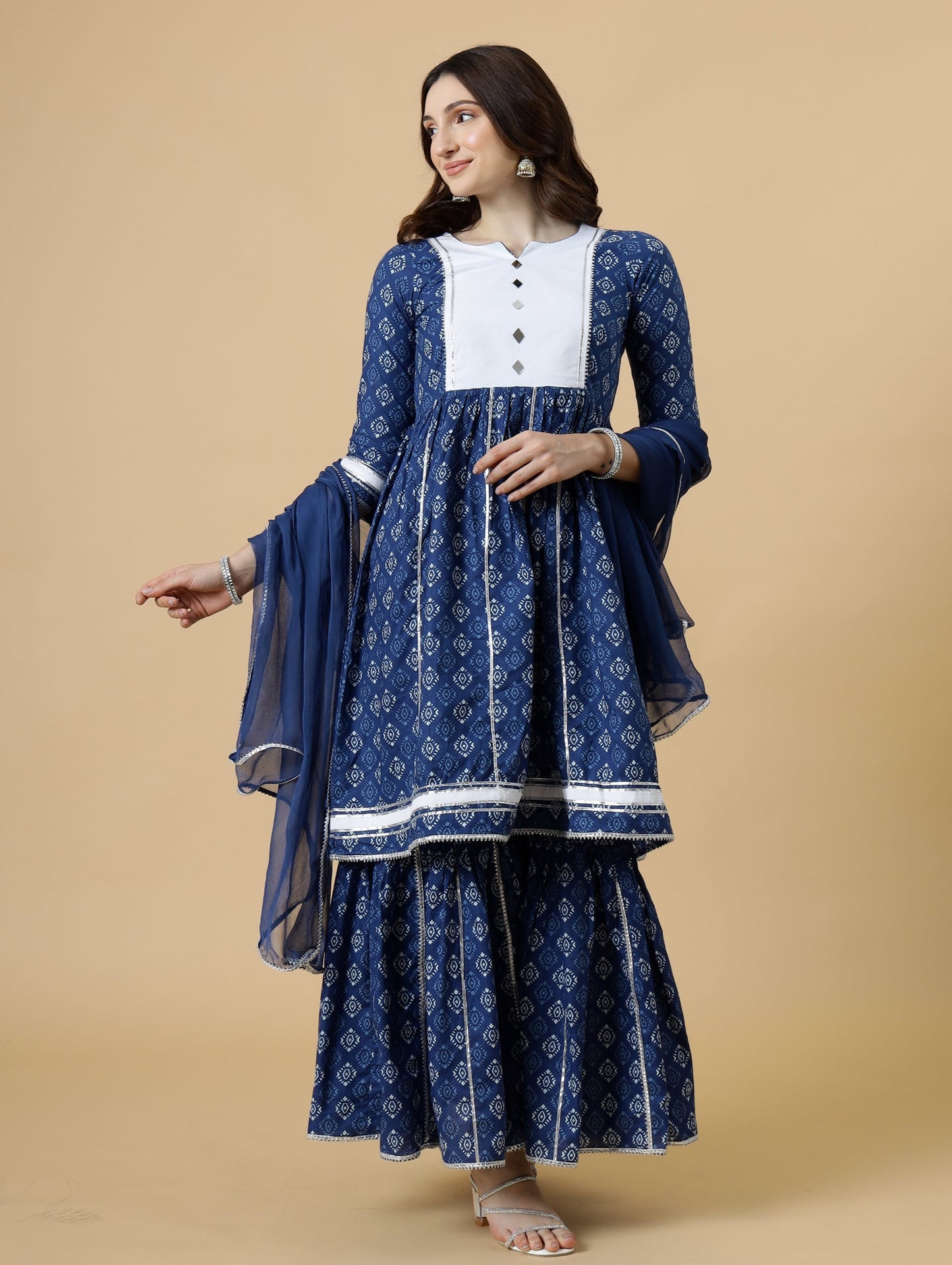 Elegant Navy-Blue Block Printed Sanganeri Kurti-Sharara Set | Functional Wear | Navy-Blue | Block Print |