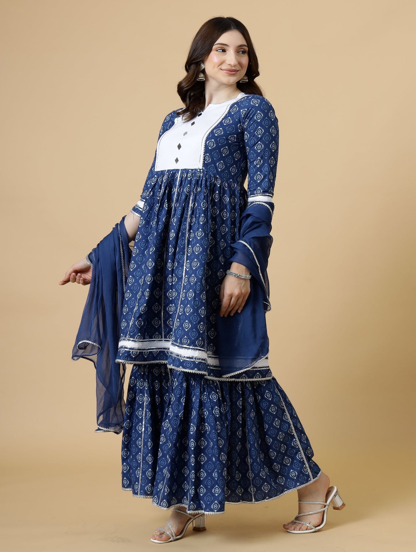 Elegant Navy-Blue Block Printed Sanganeri Kurti-Sharara Set | Functional Wear | Navy-Blue | Block Print |