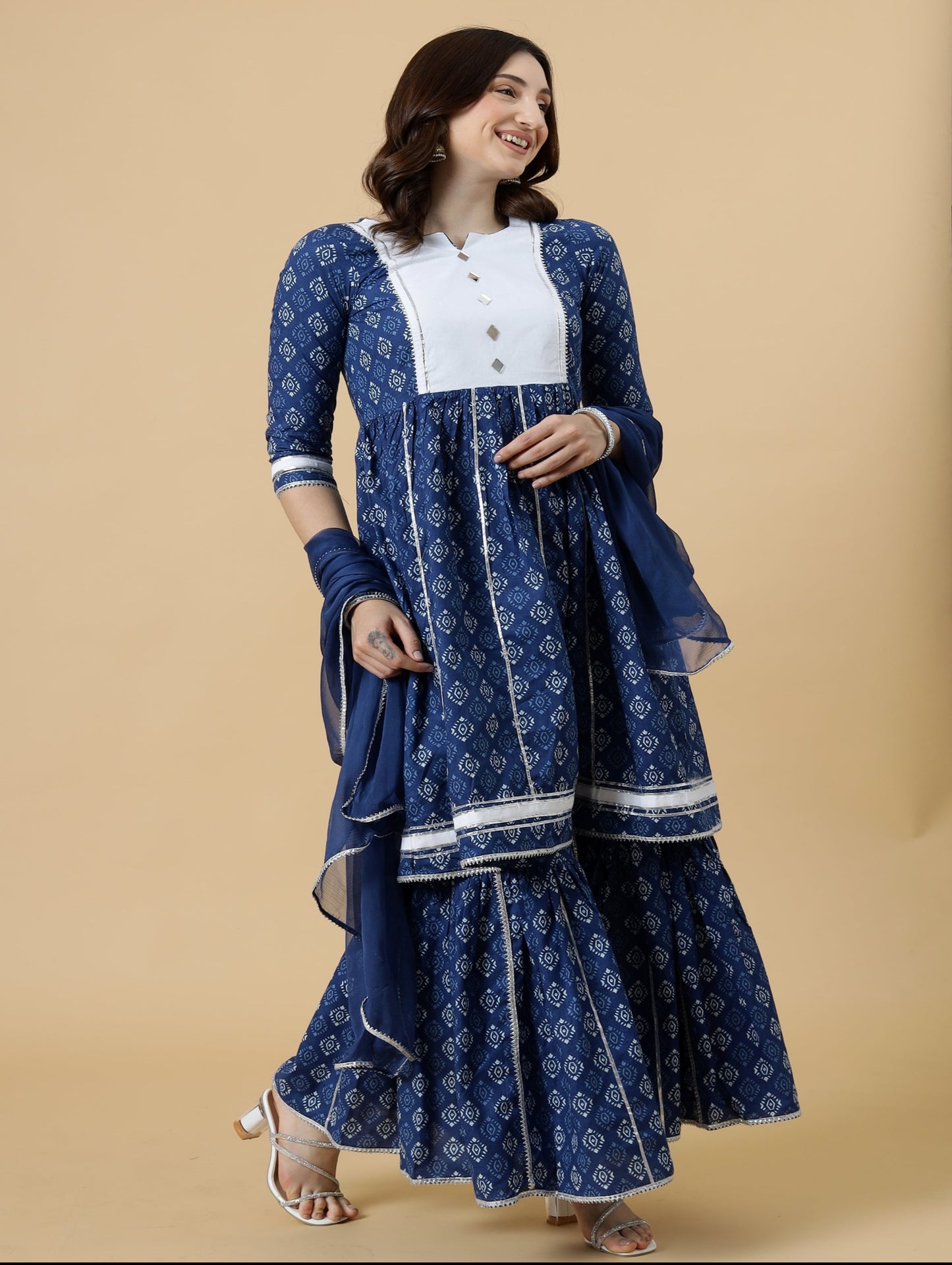 Elegant Navy-Blue Block Printed Sanganeri Kurti-Sharara Set | Functional Wear | Navy-Blue | Block Print |