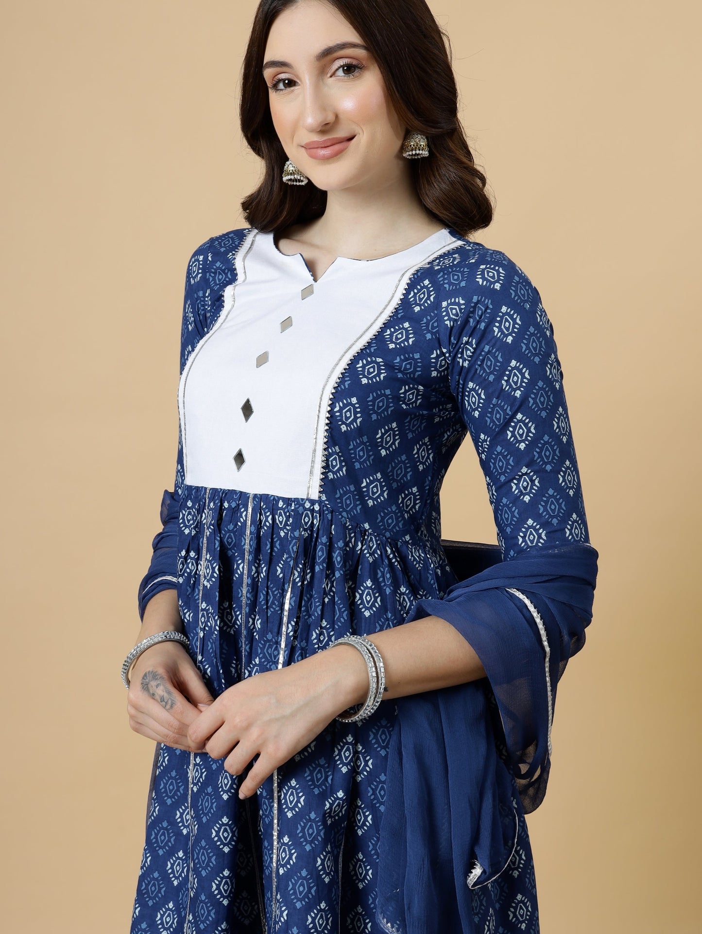 Elegant Navy-Blue Block Printed Sanganeri Kurti-Sharara Set | Functional Wear | Navy-Blue | Block Print |