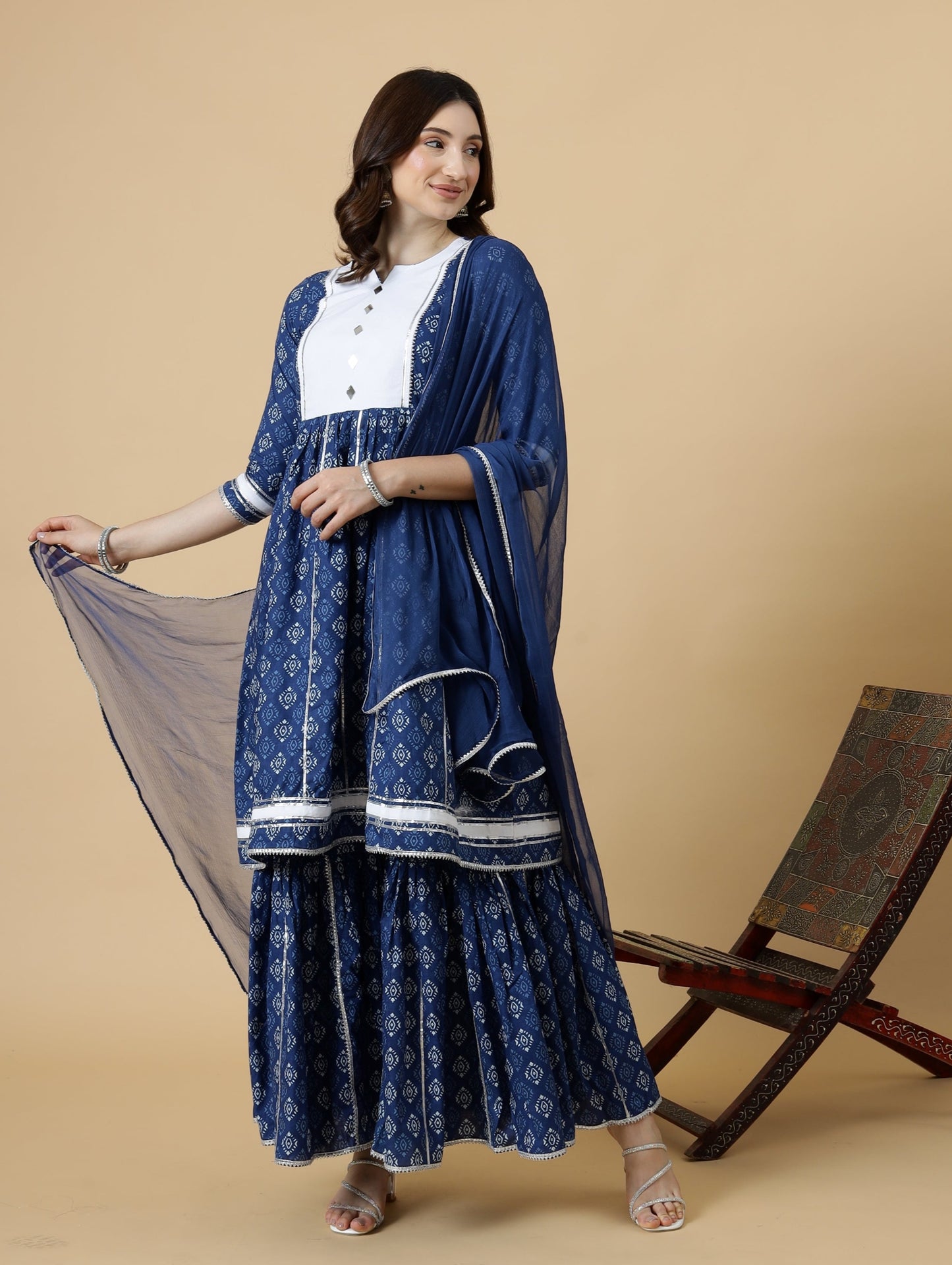 Elegant Navy-Blue Block Printed Sanganeri Kurti-Sharara Set | Functional Wear | Navy-Blue | Block Print |