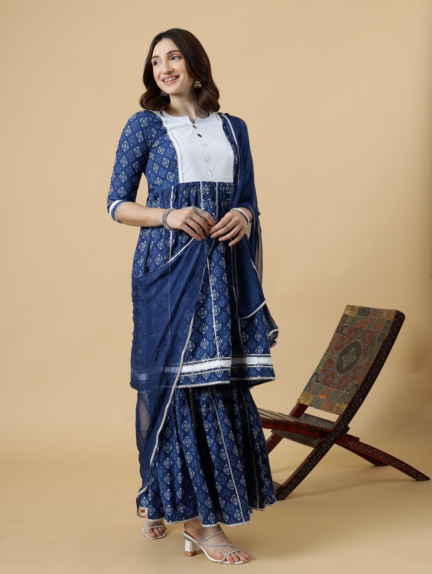 Elegant Navy-Blue Block Printed Sanganeri Kurti-Sharara Set | Functional Wear | Navy-Blue | Block Print |