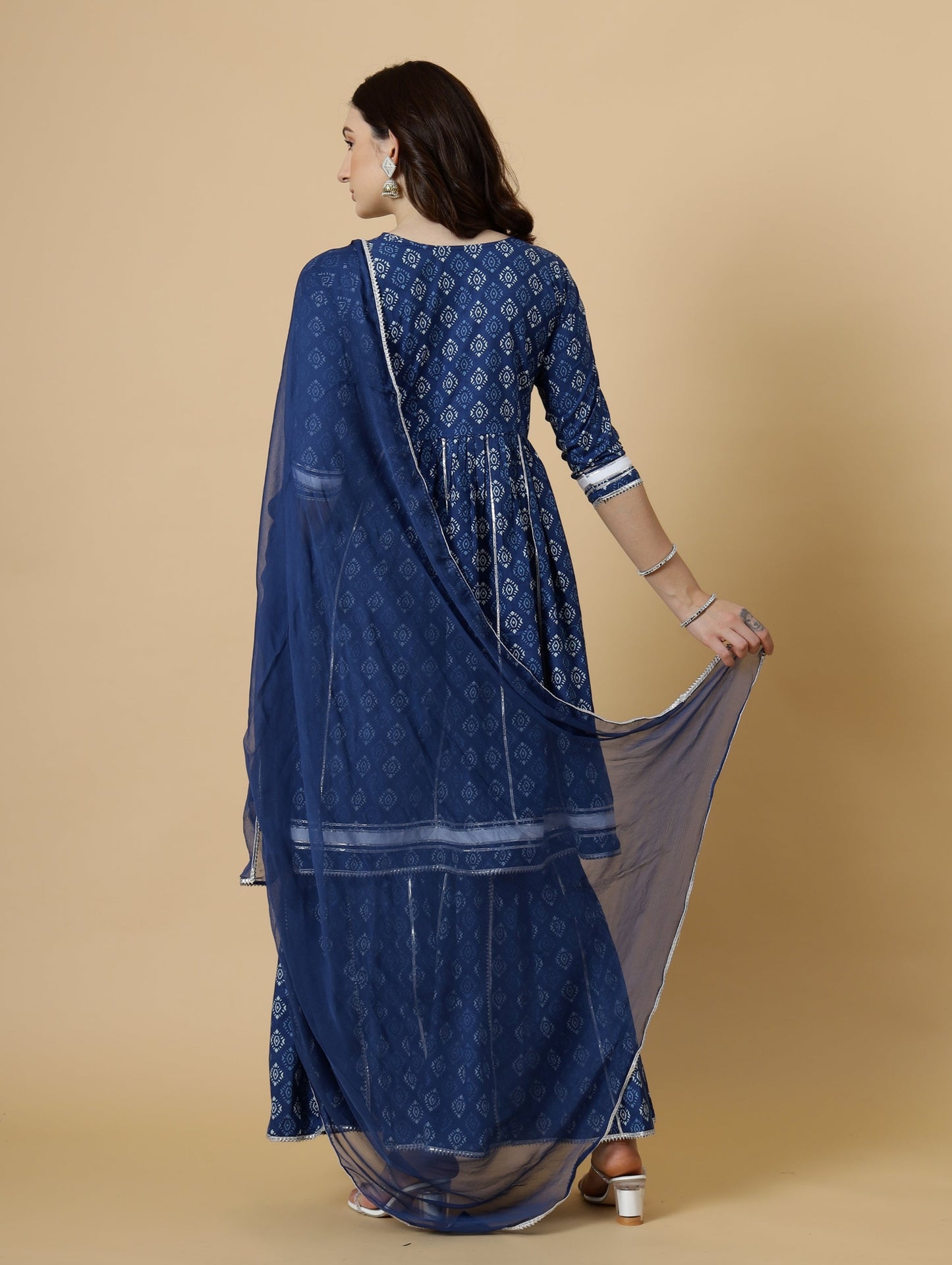 Elegant Navy-Blue Block Printed Sanganeri Kurti-Sharara Set | Functional Wear | Navy-Blue | Block Print |