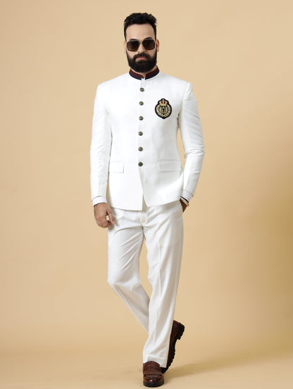 Stunning White Patch Embroidered Jodhpuri Suit for Men