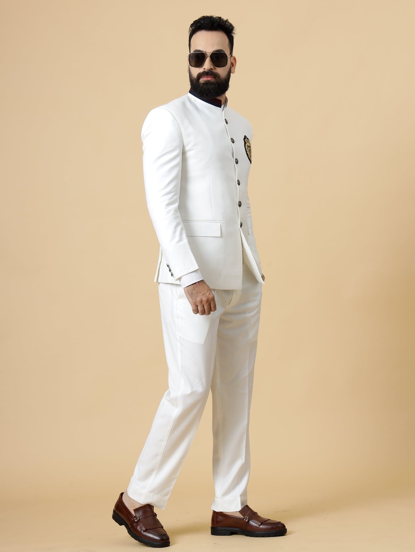 Stunning White Patch Embroidered Jodhpuri Suit for Men