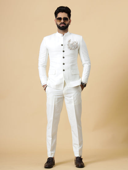 Alluring White Aari Embroidered Jodhpuri Suit for Men