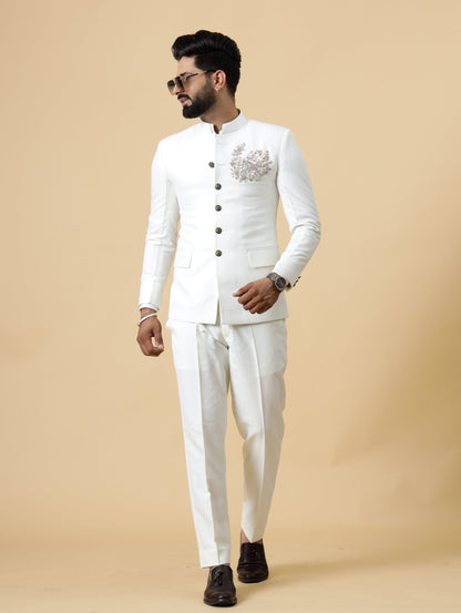 Alluring White Aari Embroidered Jodhpuri Suit for Men