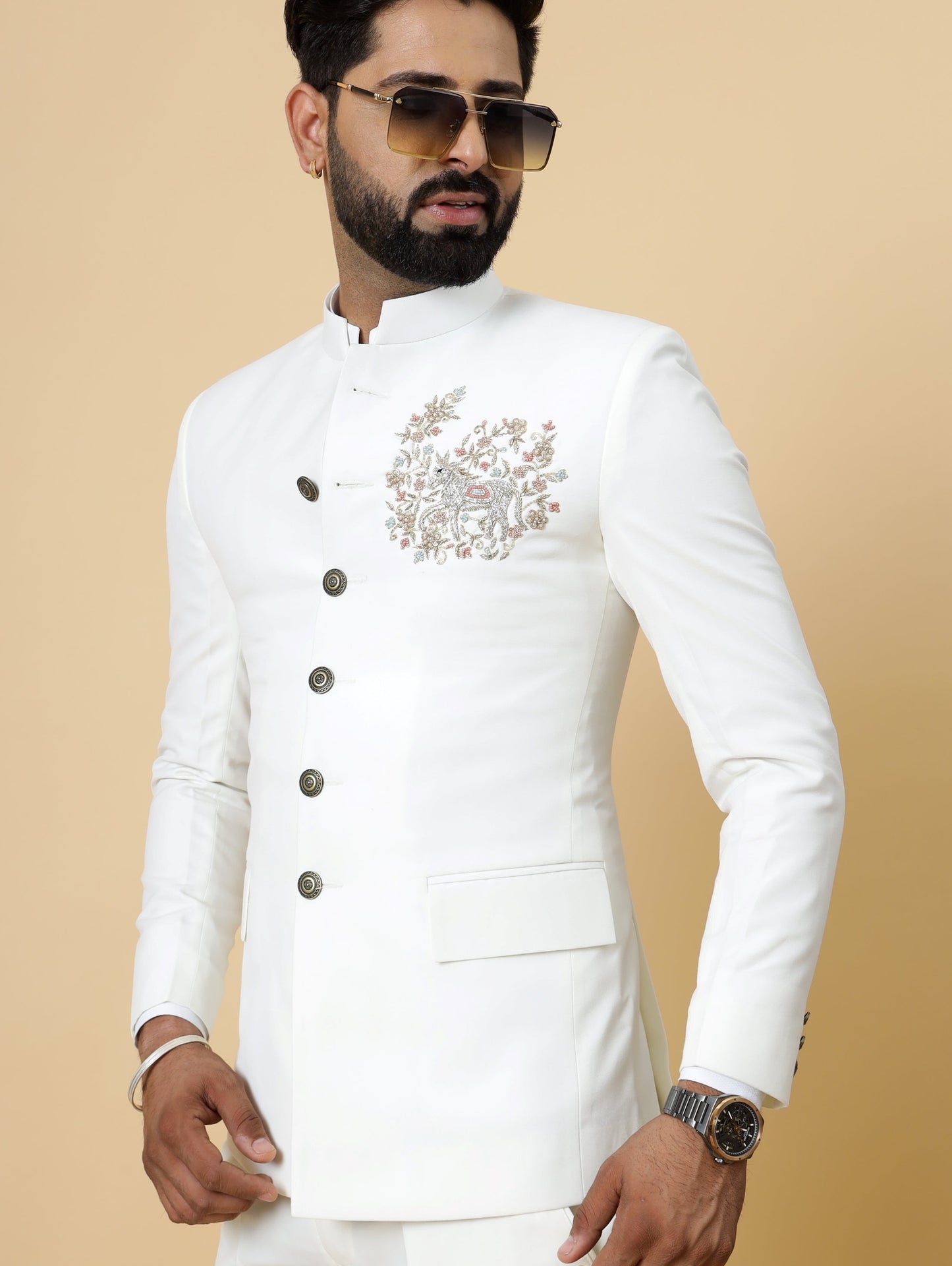 Alluring White Aari Embroidered Jodhpuri Suit for Men