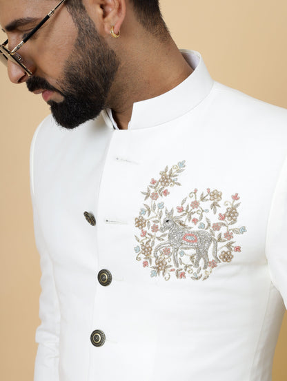 Alluring White Aari Embroidered Jodhpuri Suit for Men