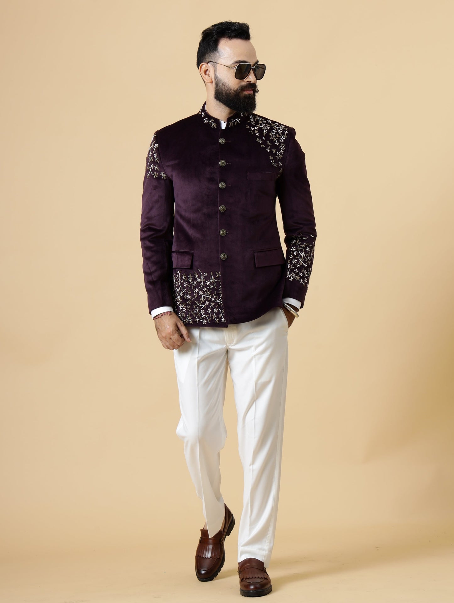 Hand Embroidered Mulberry Velvet Maharaja Jodhpuri Bandhgala Jacket with White Trouser Handmade Stonework Buttons