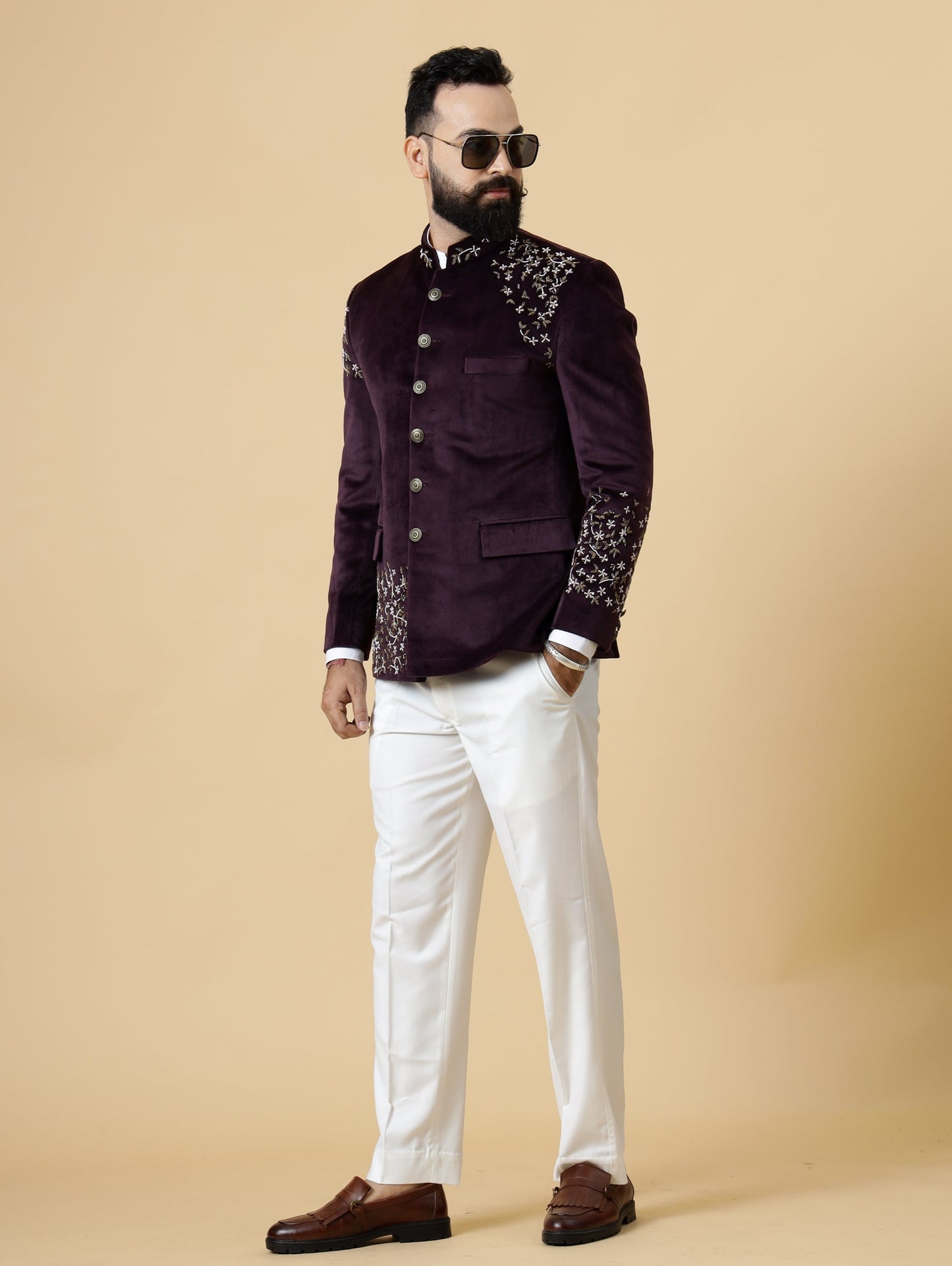 Hand Embroidered Mulberry Velvet Maharaja Jodhpuri Bandhgala Jacket with White Trouser