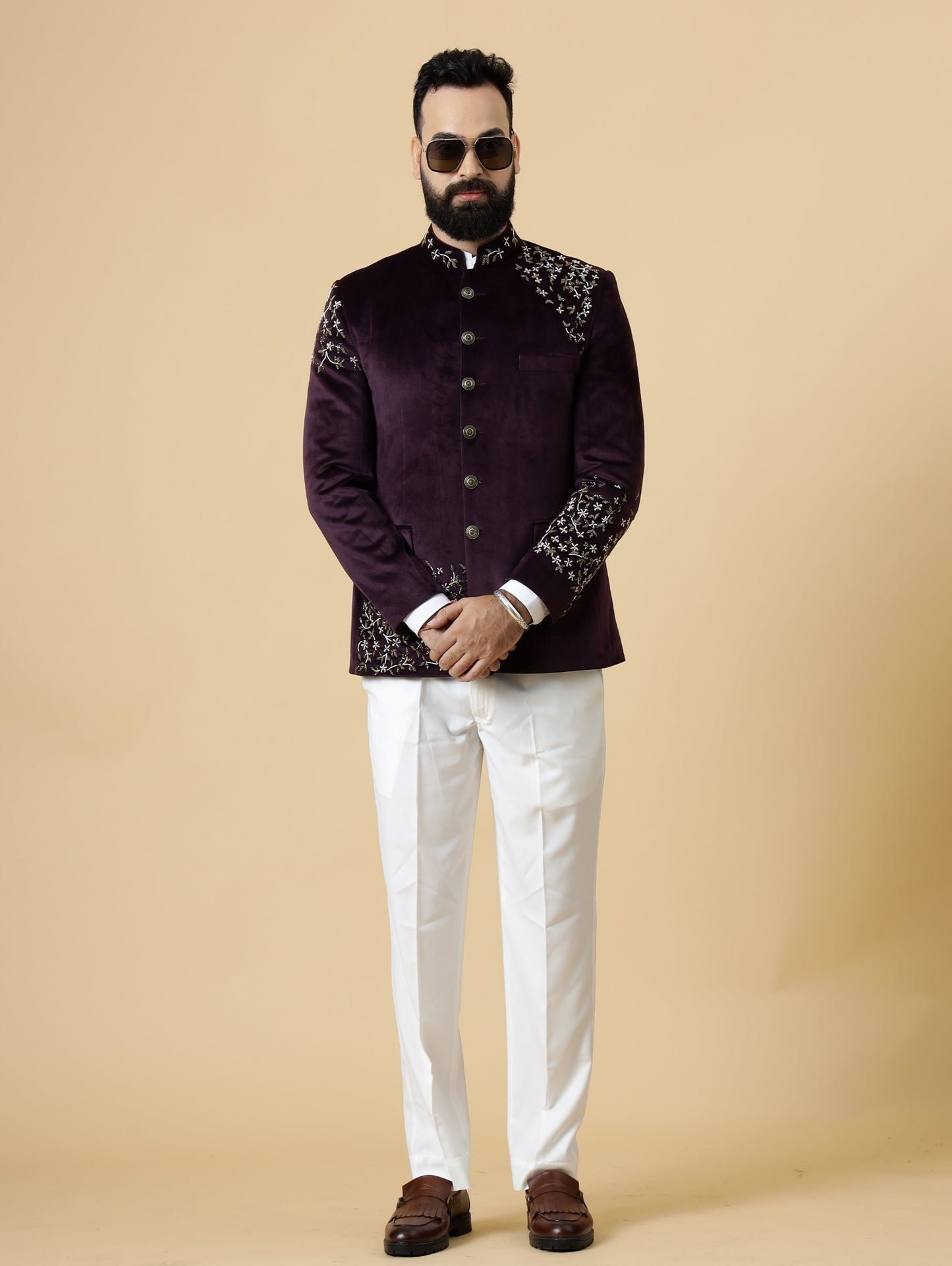 Hand Embroidered Mulberry Velvet Maharaja Jodhpuri Bandhgala Jacket with White Trouser Handmade Stonework Buttons