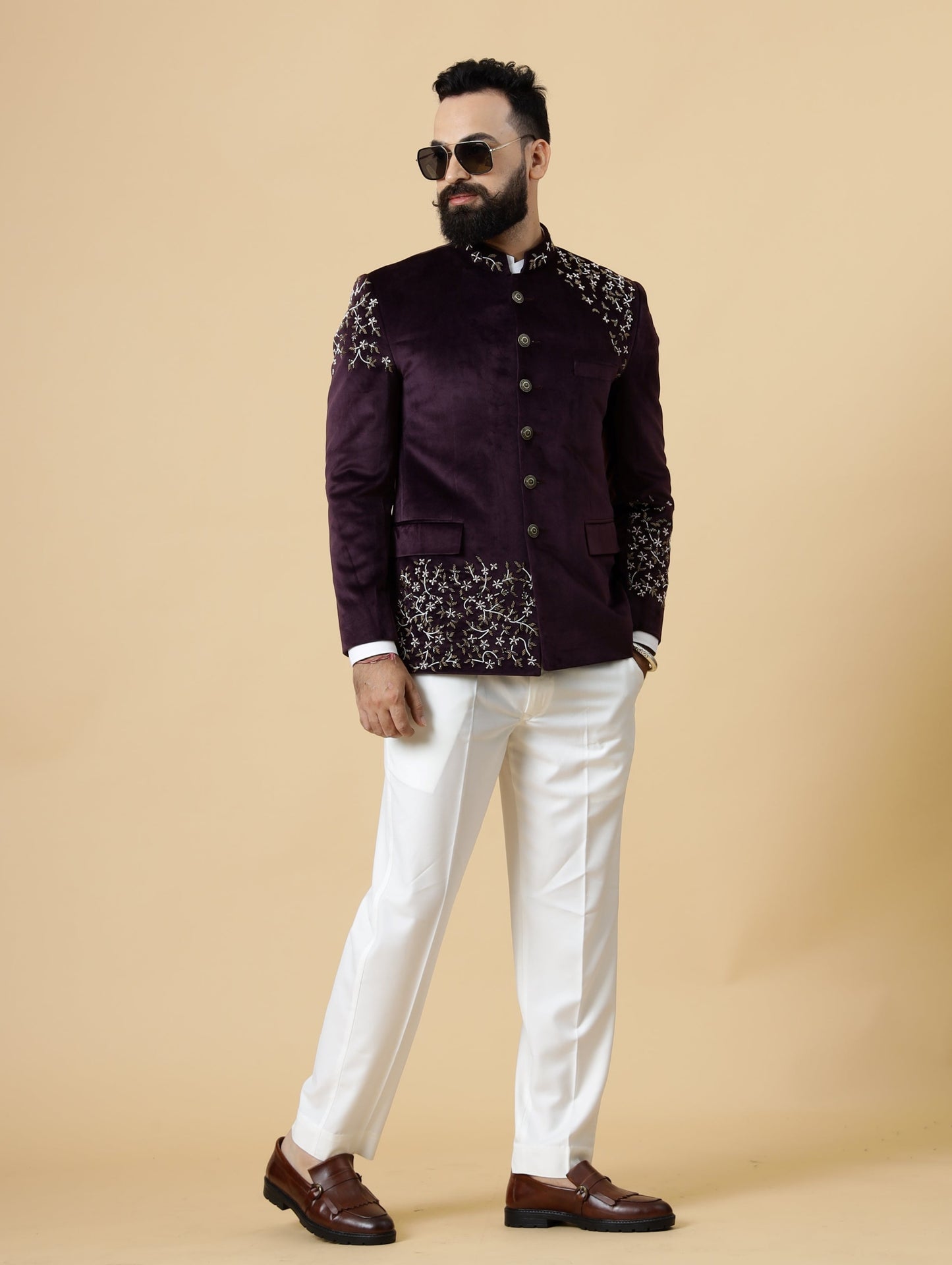 Hand Embroidered Mulberry Velvet Maharaja Jodhpuri Bandhgala Jacket with White Trouser Handmade Stonework Buttons