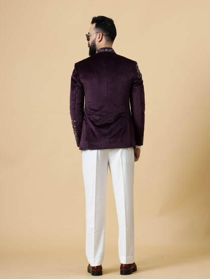 Hand Embroidered Mulberry Velvet Maharaja Jodhpuri Bandhgala Jacket with White Trouser