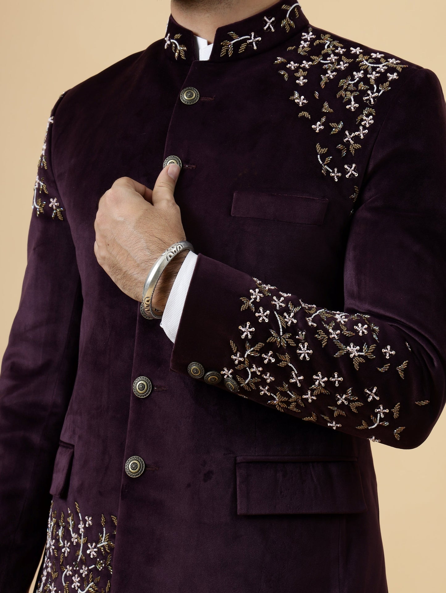 Hand Embroidered Mulberry Velvet Maharaja Jodhpuri Bandhgala Jacket with White Trouser Handmade Stonework Buttons