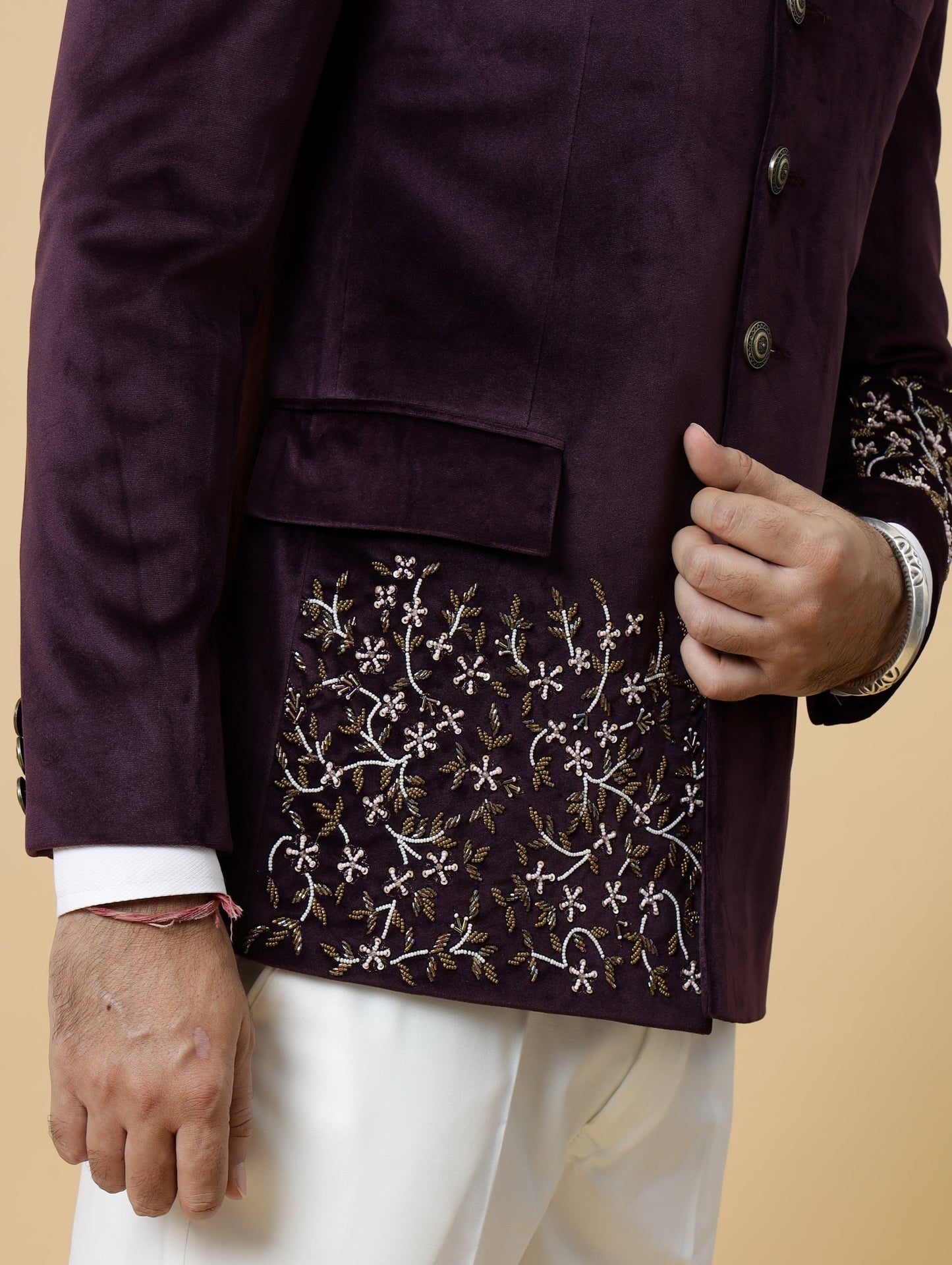 Hand Embroidered Mulberry Velvet Maharaja Jodhpuri Bandhgala Jacket with White Trouser Handmade Stonework Buttons