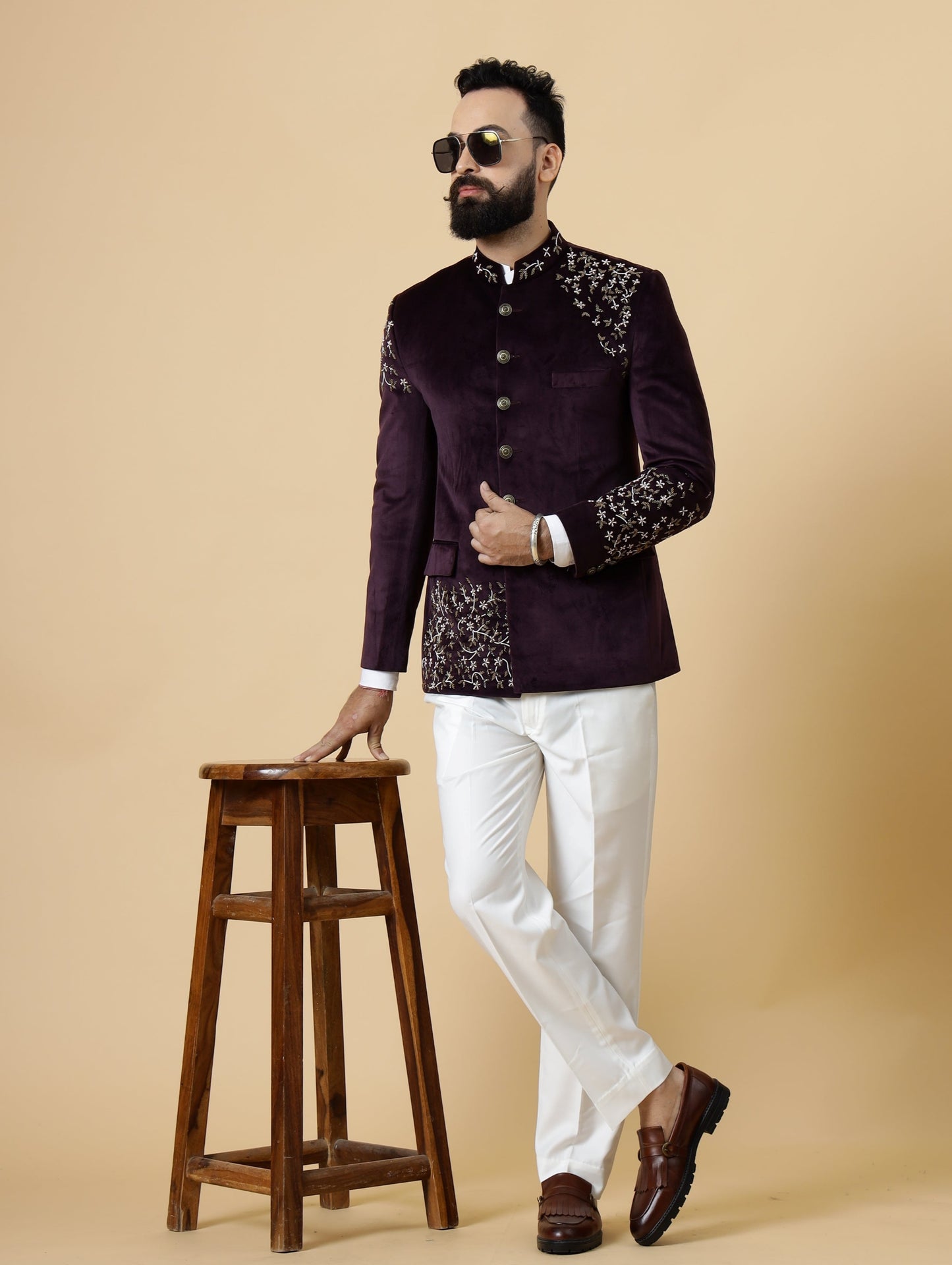 Hand Embroidered Mulberry Velvet Maharaja Jodhpuri Bandhgala Jacket with White Trouser Handmade Stonework Buttons