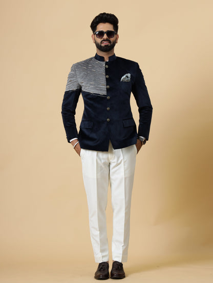 Beautiful Aari Work Royal Navy-Grey Bandhgala in Silky Smooth Velvet Fabric