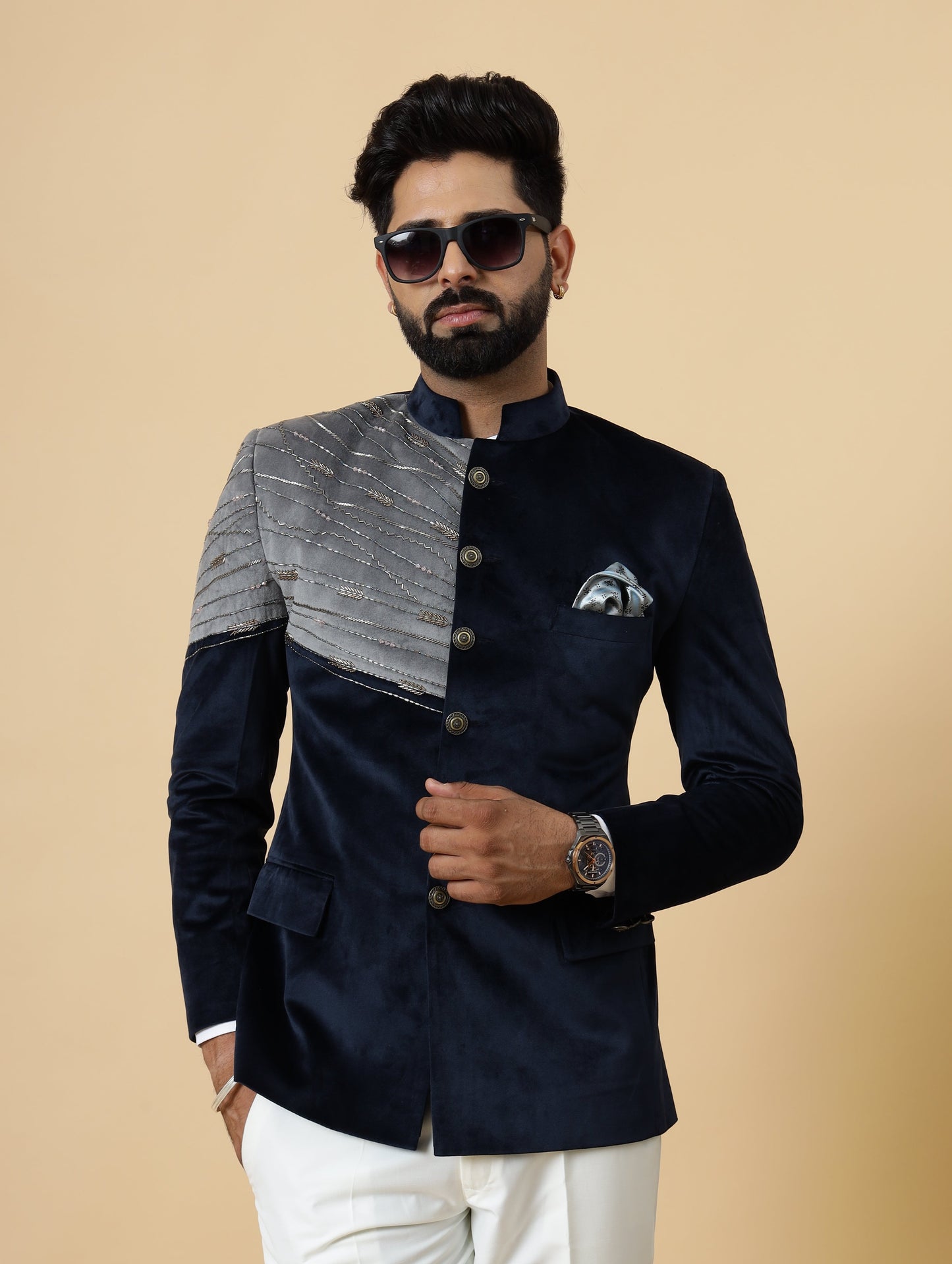 Beautiful Aari Work Royal Navy-Grey Bandhgala in Silky Smooth Velvet Fabric