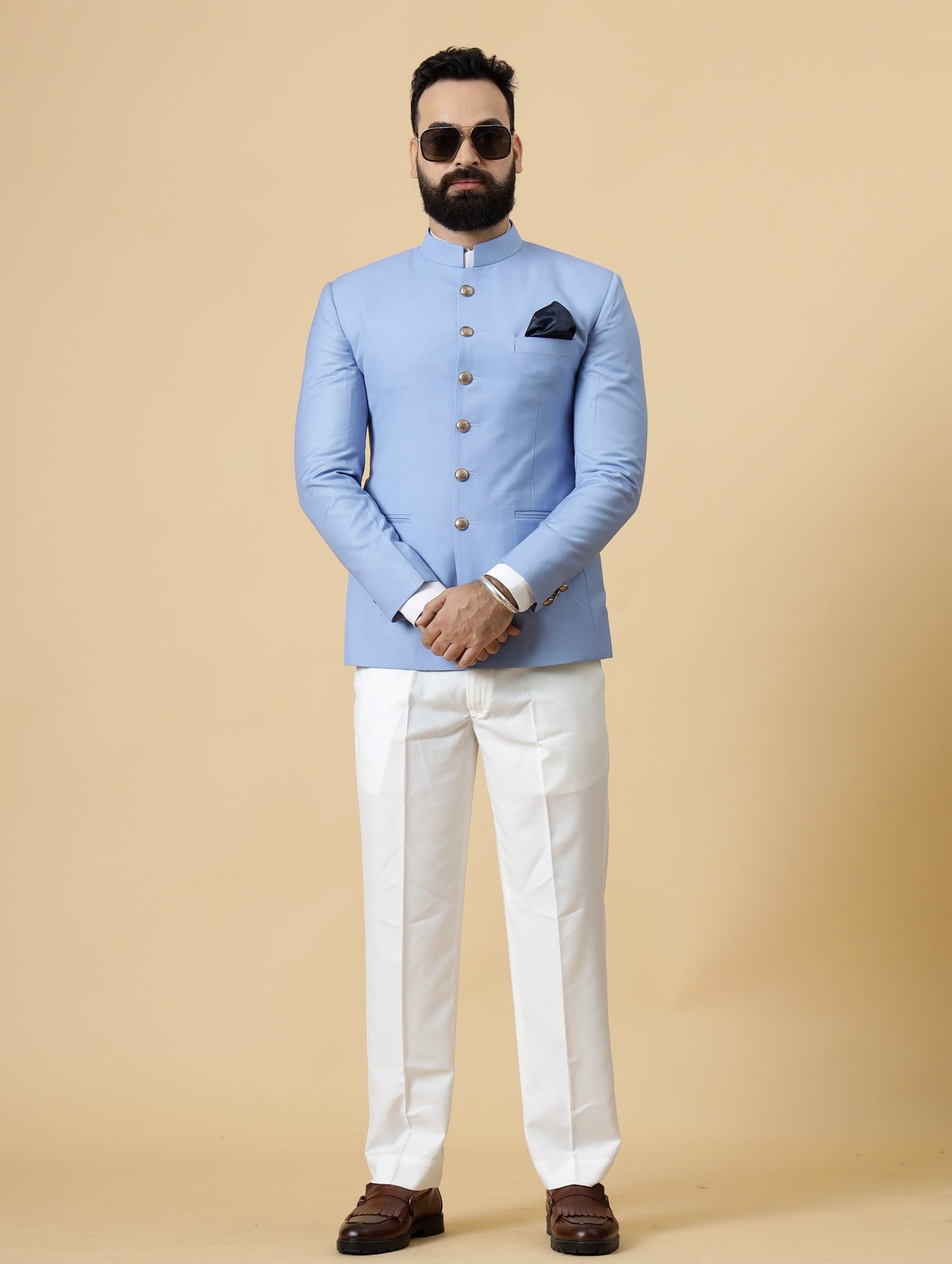 Corn-Flower Blue Jodhpuri Blazer with White Trouser| Perfect for Wedding and Casual wear|