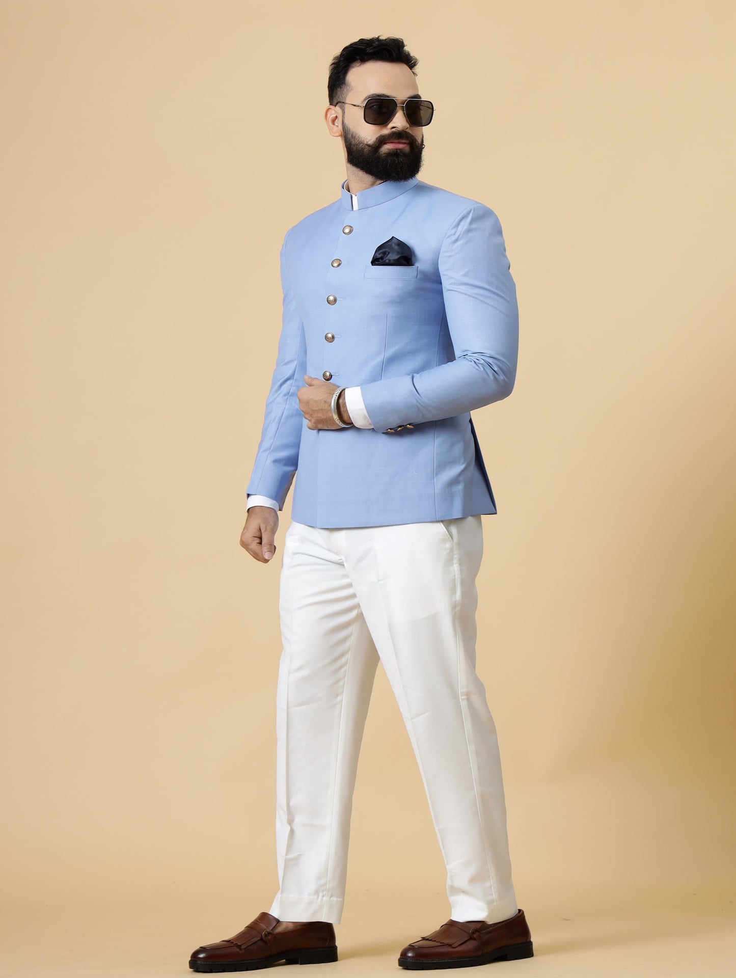 Corn-Flower Blue Jodhpuri Blazer with White Trouser| Perfect for Wedding and Casual wear|