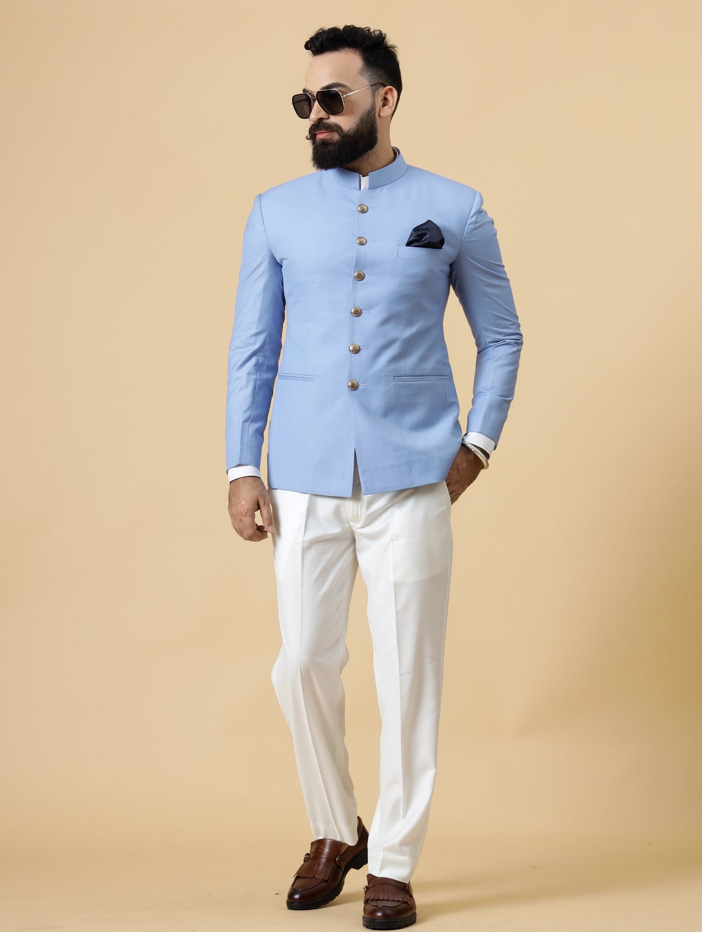 Corn-Flower Blue Jodhpuri Blazer with White Trouser| Perfect for Wedding and Casual wear|