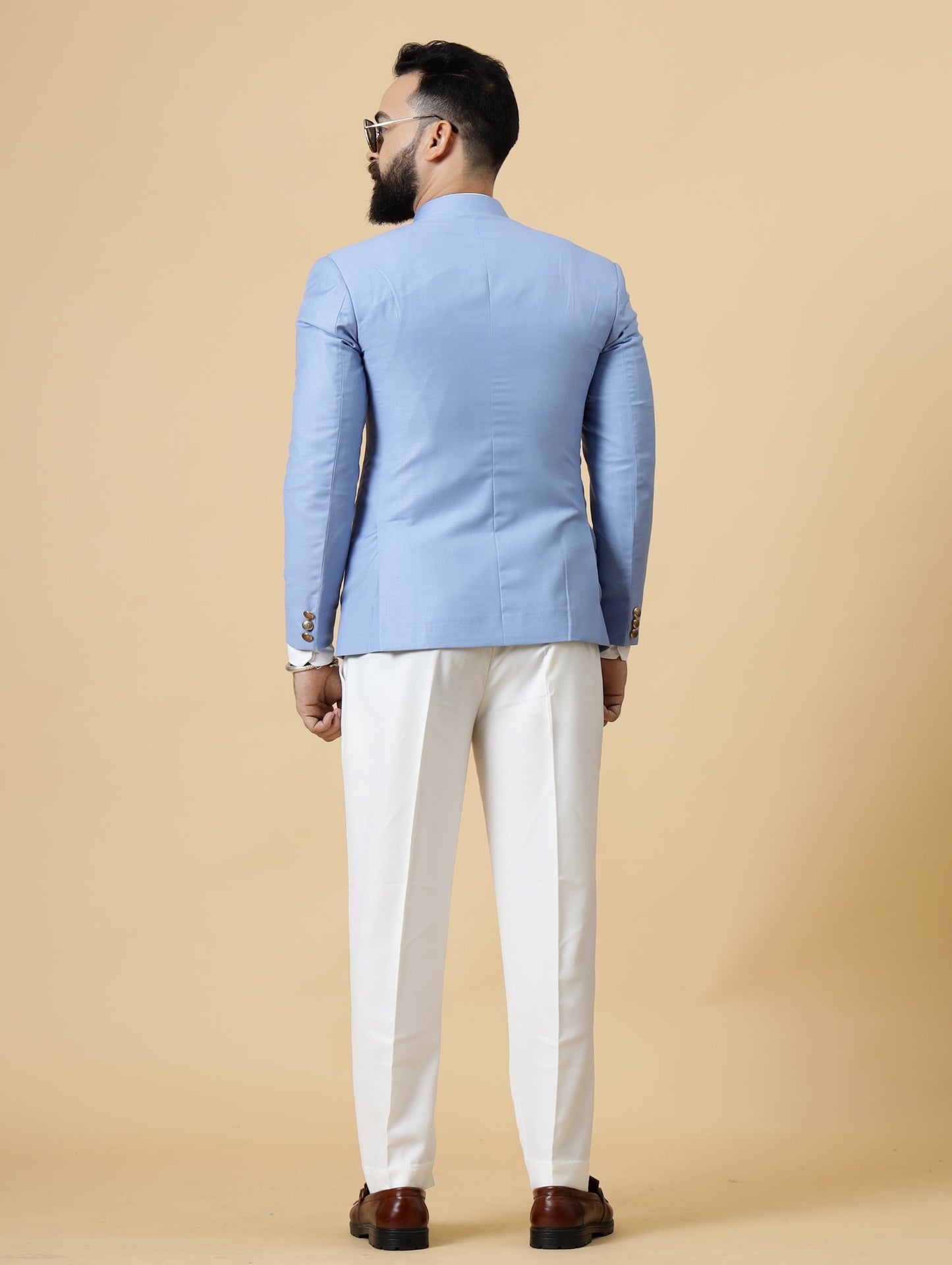 Corn-Flower Blue Jodhpuri Blazer with White Trouser| Perfect for Wedding and Casual wear|