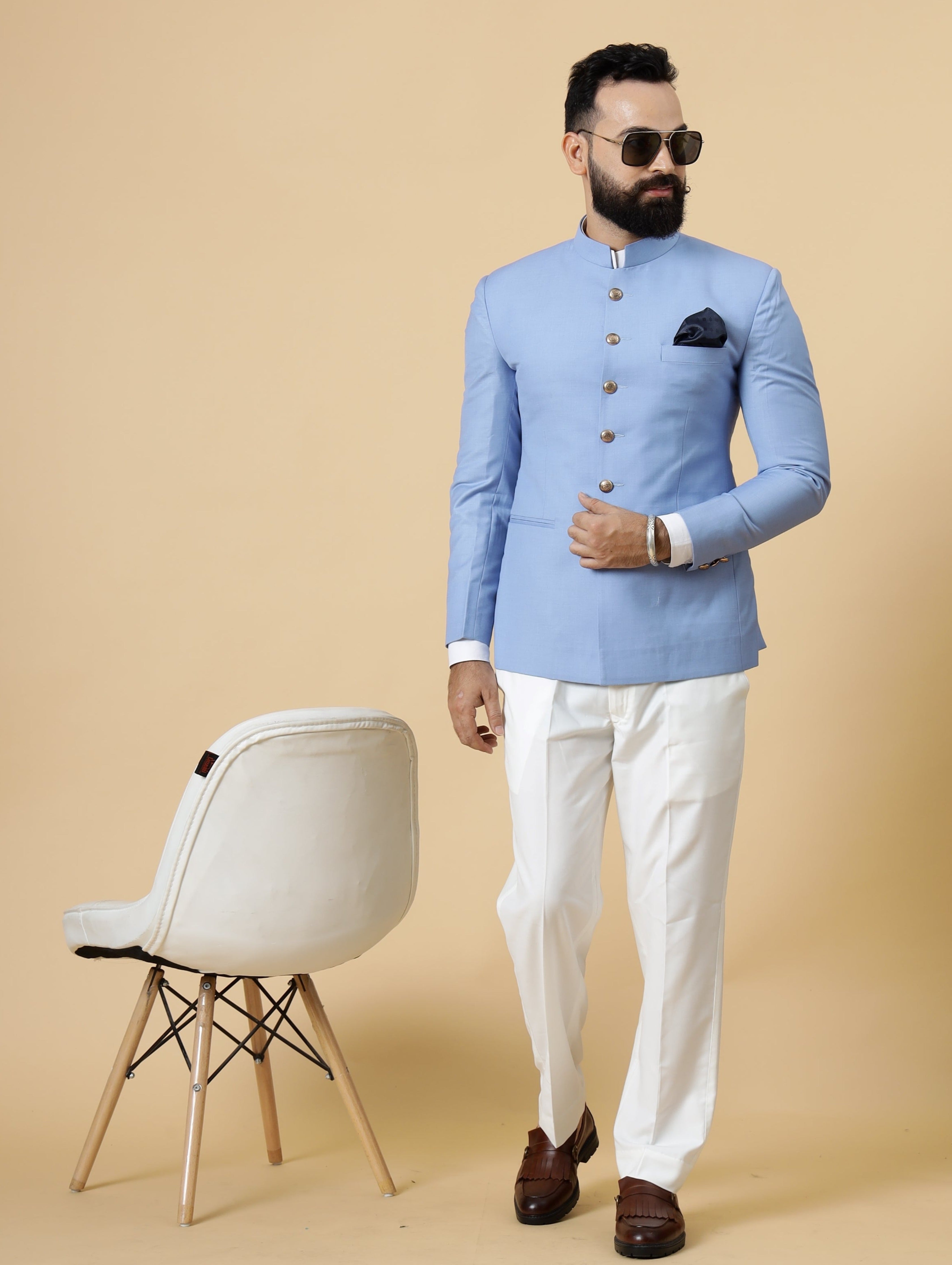 Corn Flower Blue Jodhpuri Blazer with White Trouser Perfect for Wedding and Casual wear