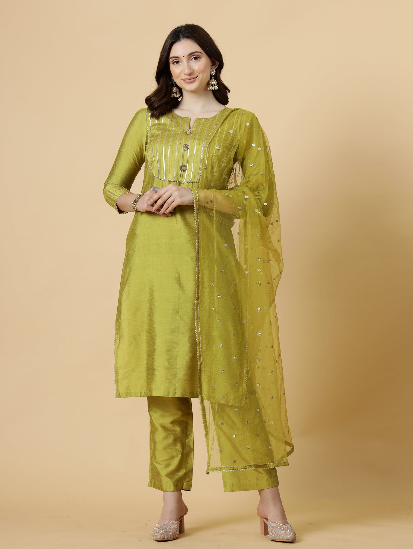 Stylish Lawn Green Kurti-Palazzo Set paired with Sequin Dupatta