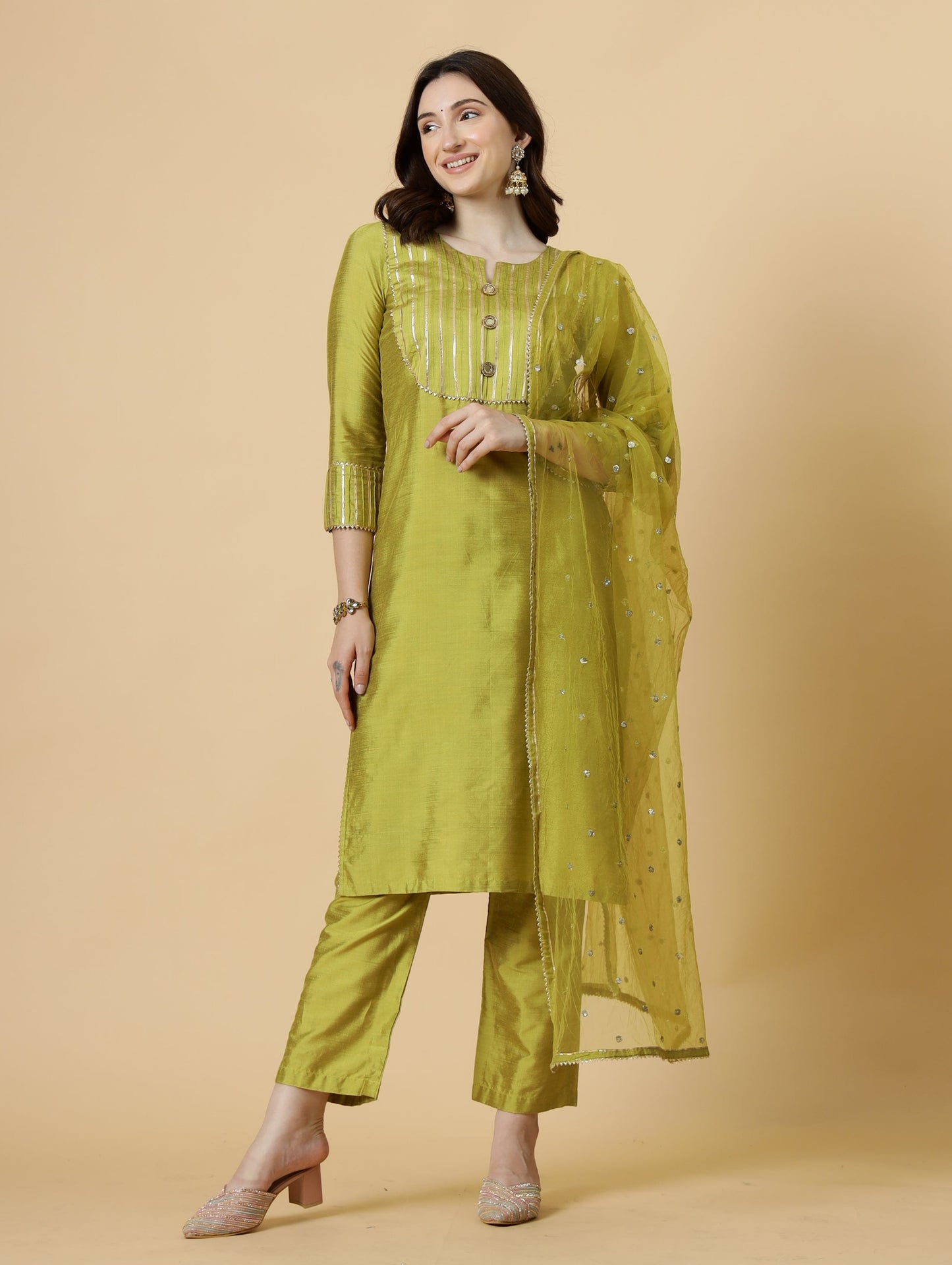 Stylish Lawn Green Kurti-Palazzo Set paired with Sequin Dupatta