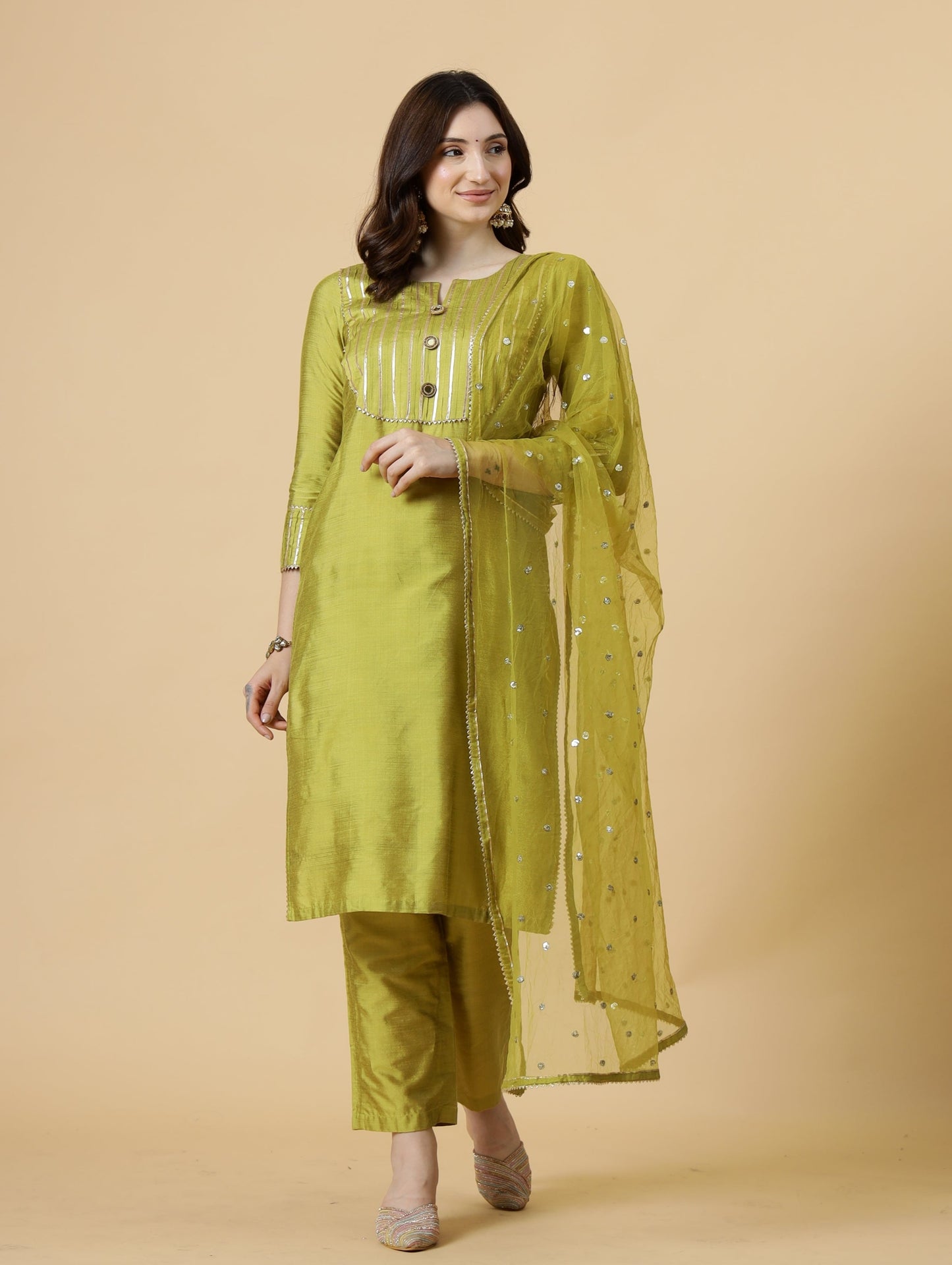 Stylish Lawn Green Kurti-Palazzo Set paired with Sequin Dupatta