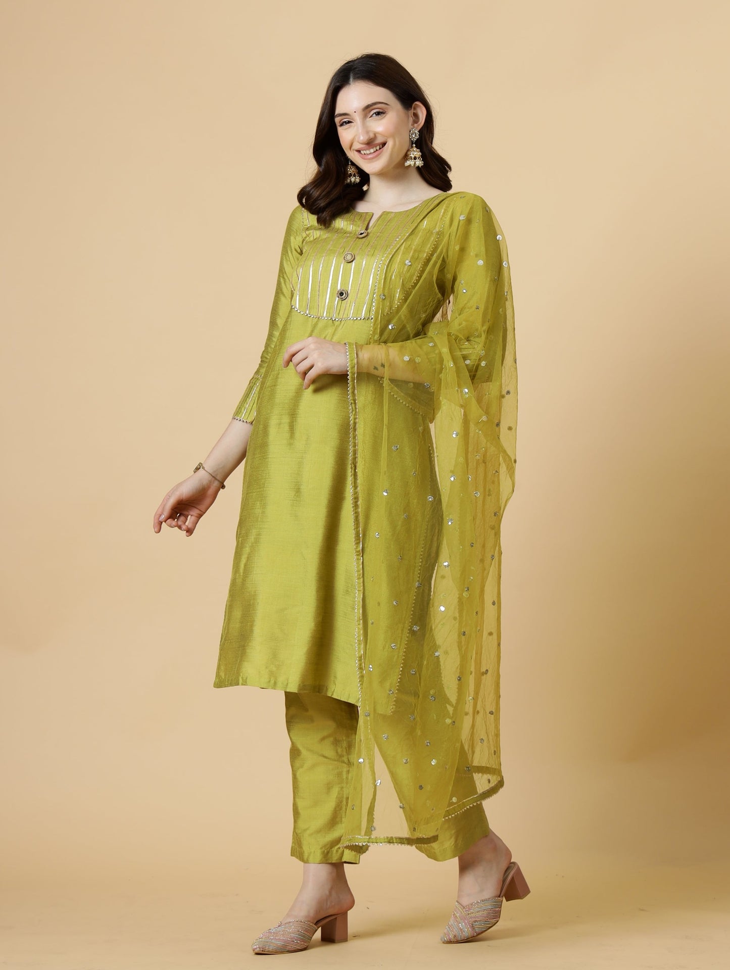 Stylish Lawn Green Kurti-Palazzo Set paired with Sequin Dupatta