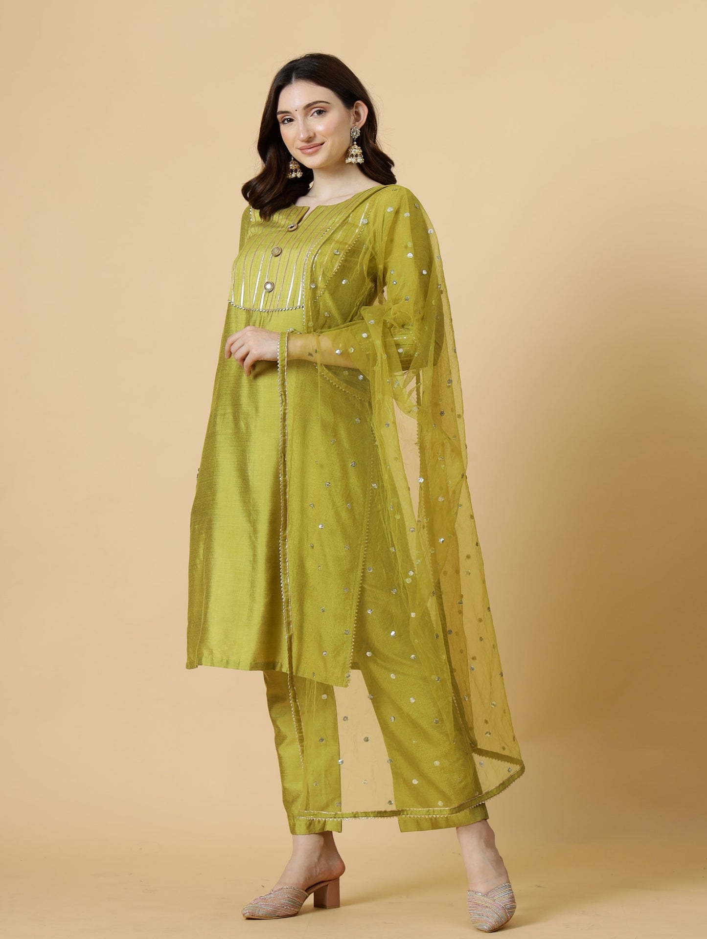 Stylish Lawn Green Kurti-Palazzo Set paired with Sequin Dupatta