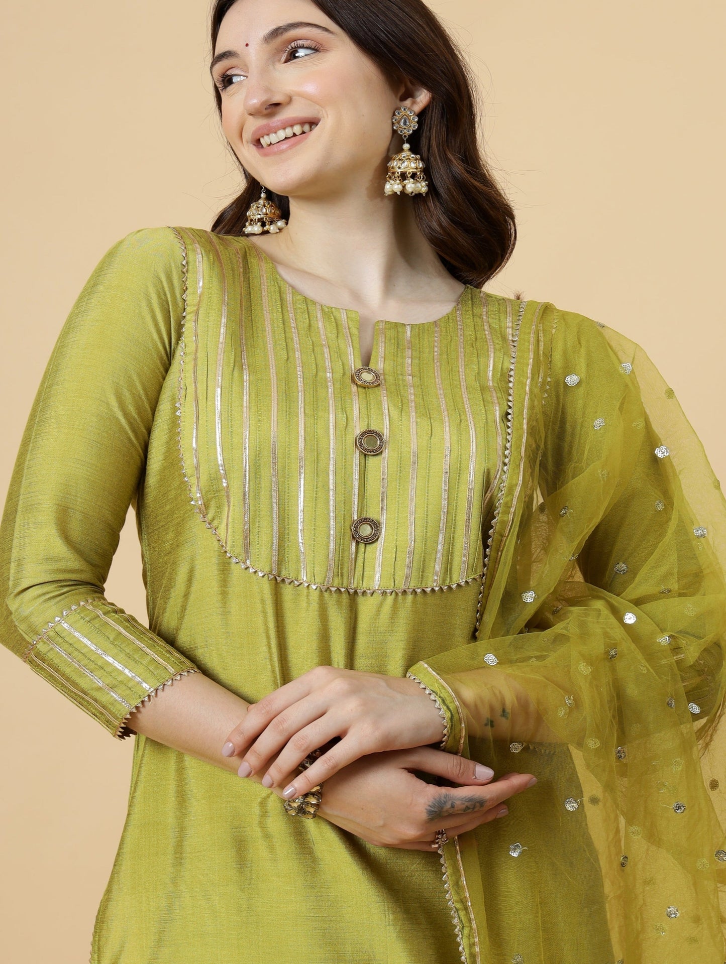 Stylish Lawn Green Kurti-Palazzo Set paired with Sequin Dupatta