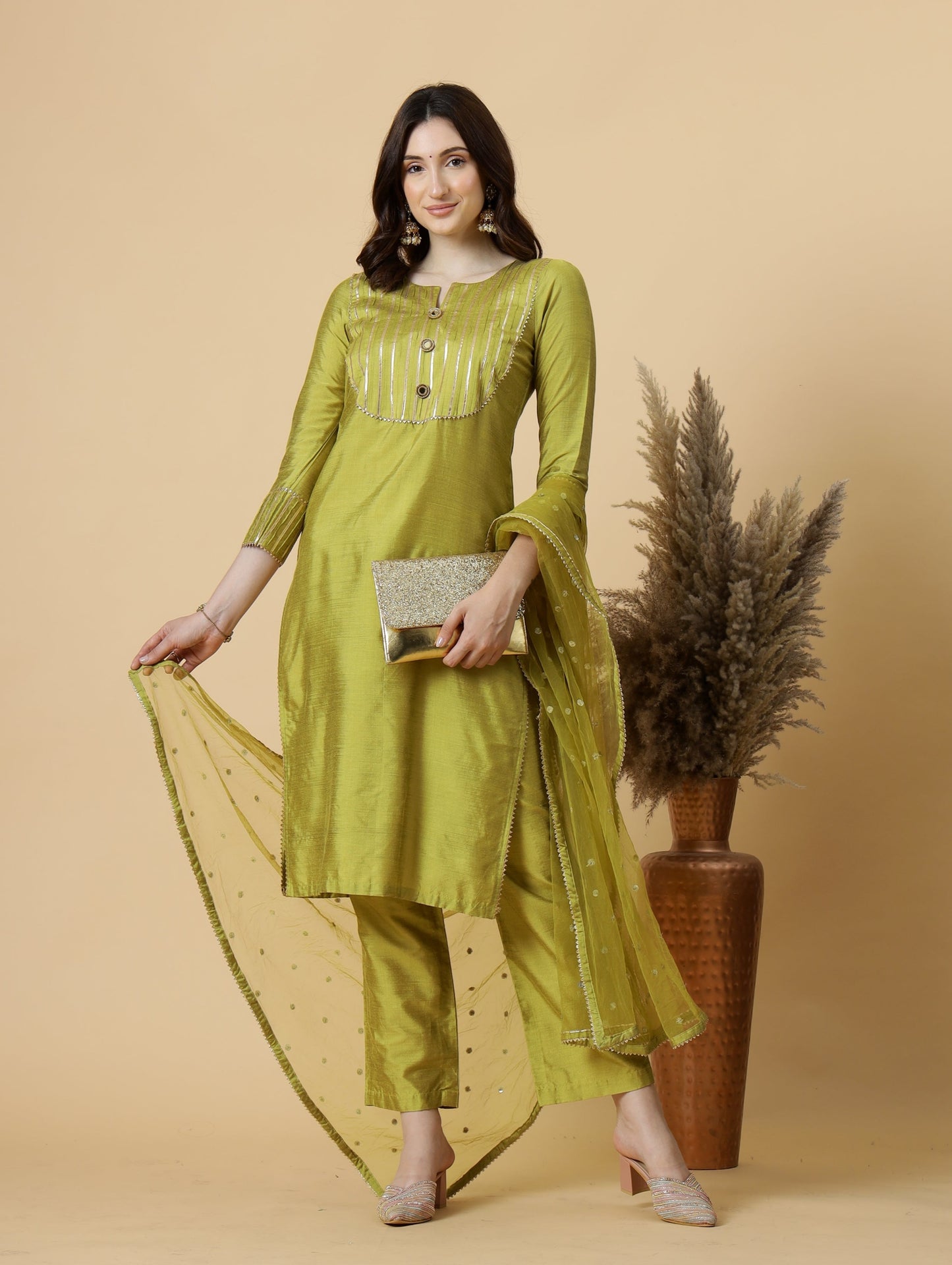 Stylish Lawn Green Kurti-Palazzo Set paired with Sequin Dupatta