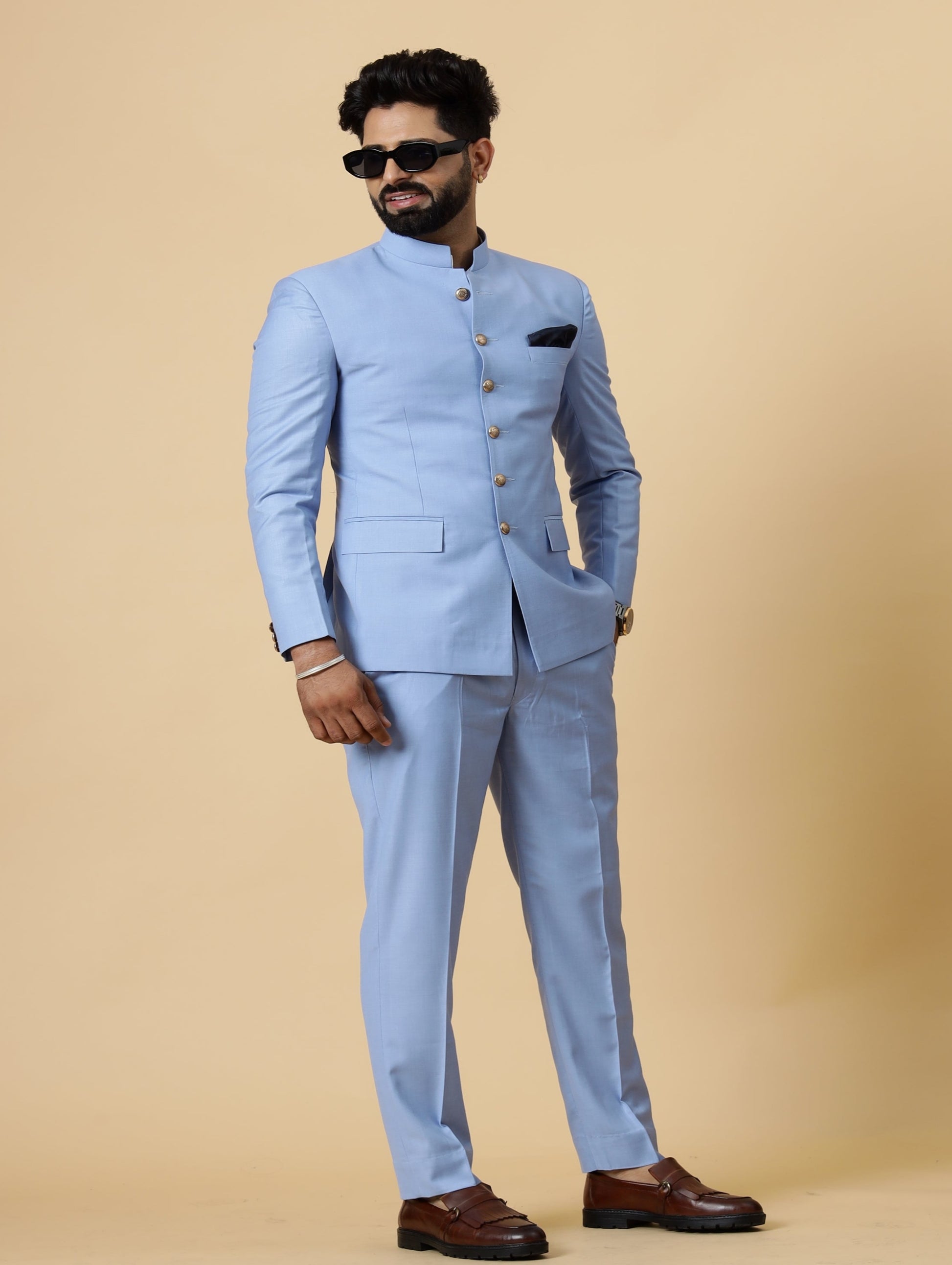 Traditional Corn-Flower Blue Jodhpuri Suit Perfect for Wedding
