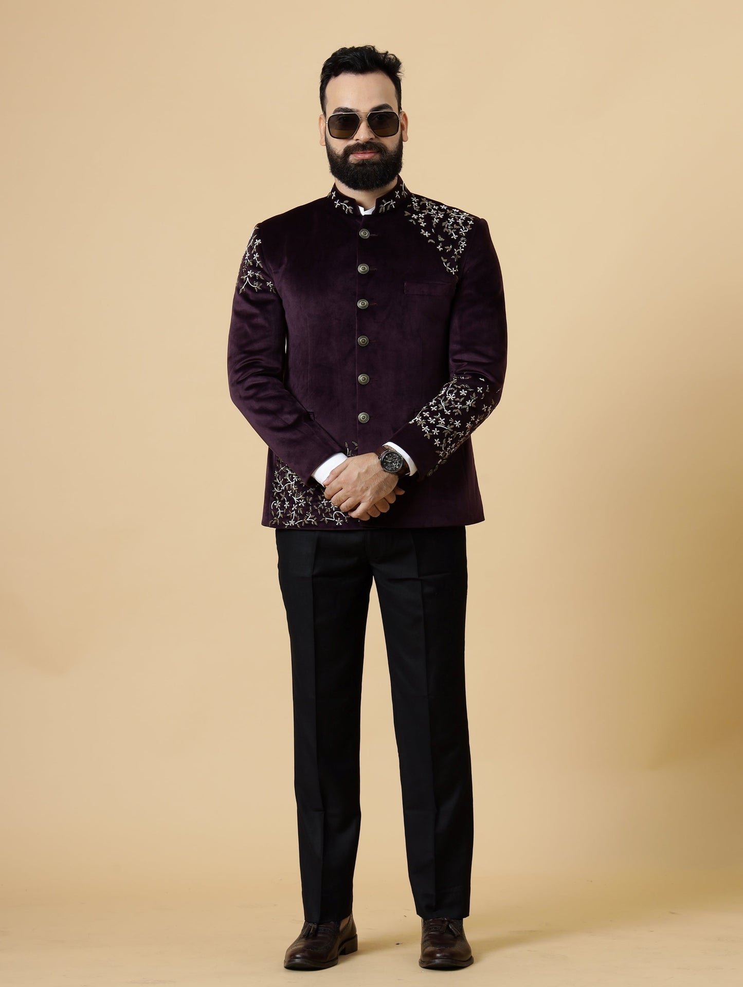 Hand Embroidered Mulberry Velvet Maharaja Jodhpuri Bandhgala Jacket with Black Trouser