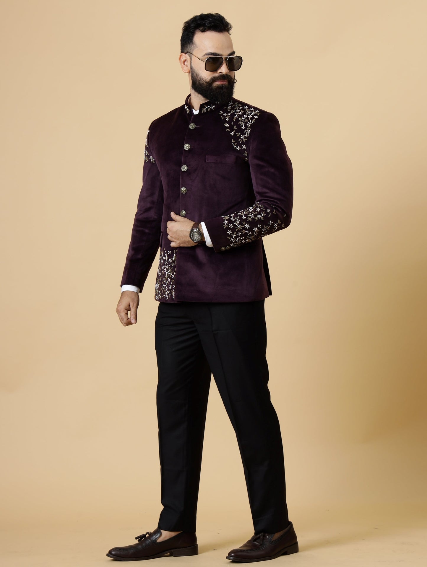 Hand Embroidered Mulberry Velvet Maharaja Jodhpuri Bandhgala Jacket with Handmade Stonework Buttons