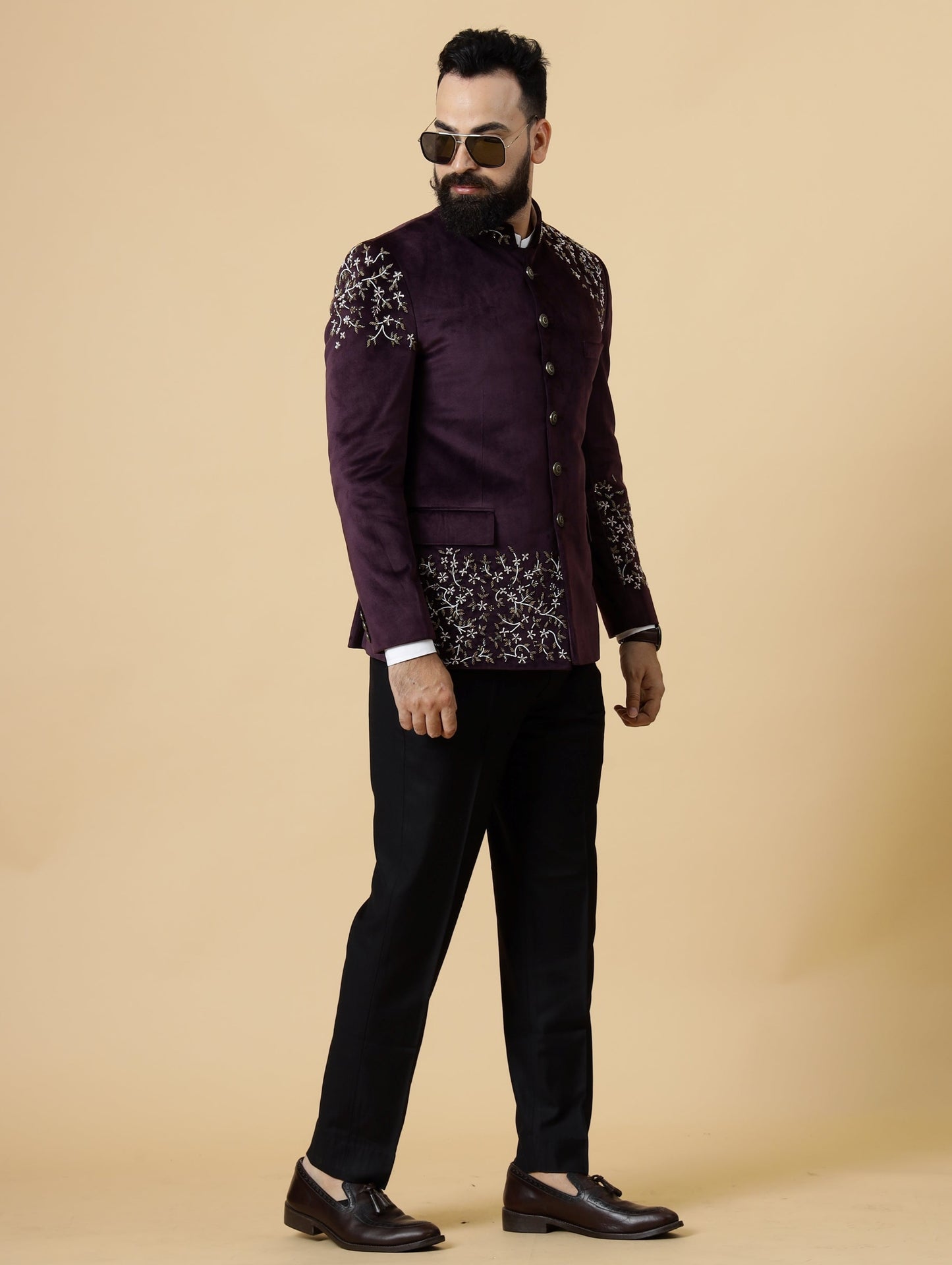 Hand Embroidered Mulberry Velvet Maharaja Jodhpuri Bandhgala Jacket with Handmade Stonework Buttons