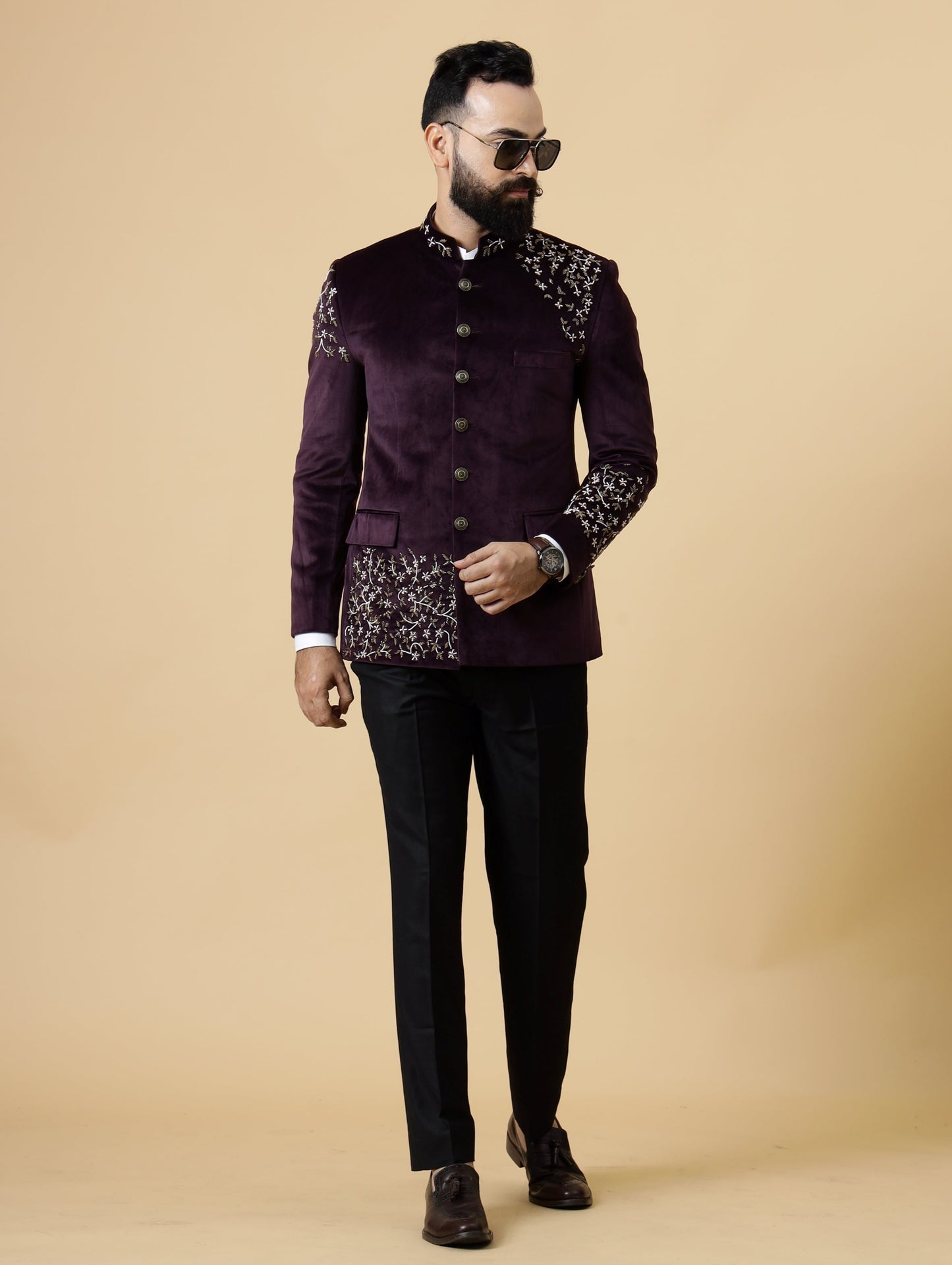 Hand Embroidered Mulberry Velvet Maharaja Jodhpuri Bandhgala Jacket with Black Trouser