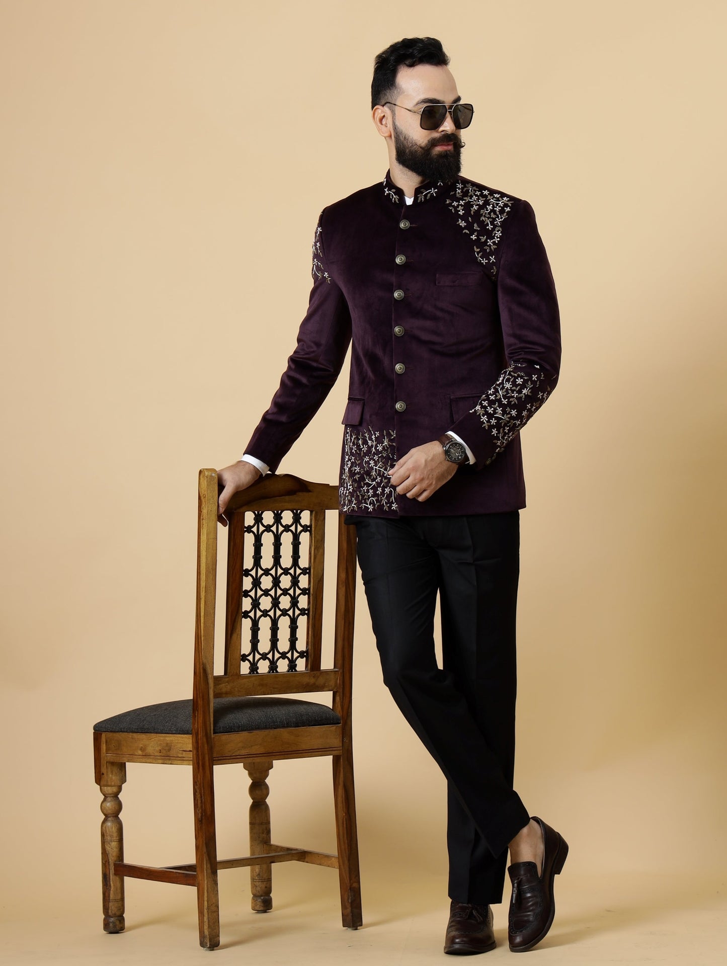 Hand Embroidered Mulberry Velvet Maharaja Jodhpuri Bandhgala Jacket with Black Trouser