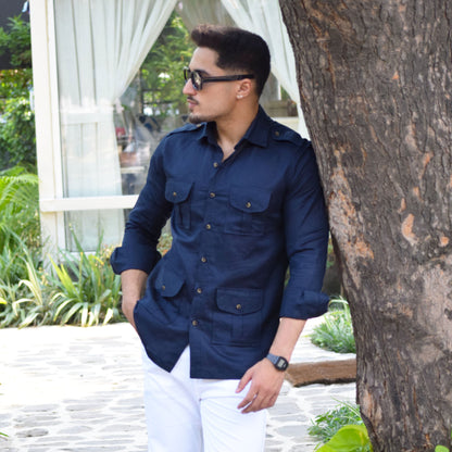 Navy Blue Color Turkish Linen Hunting Shirt