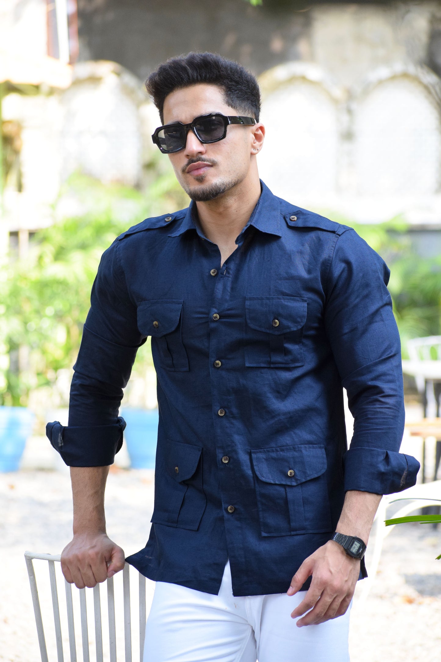 Navy Blue Color Turkish Linen Hunting Shirt