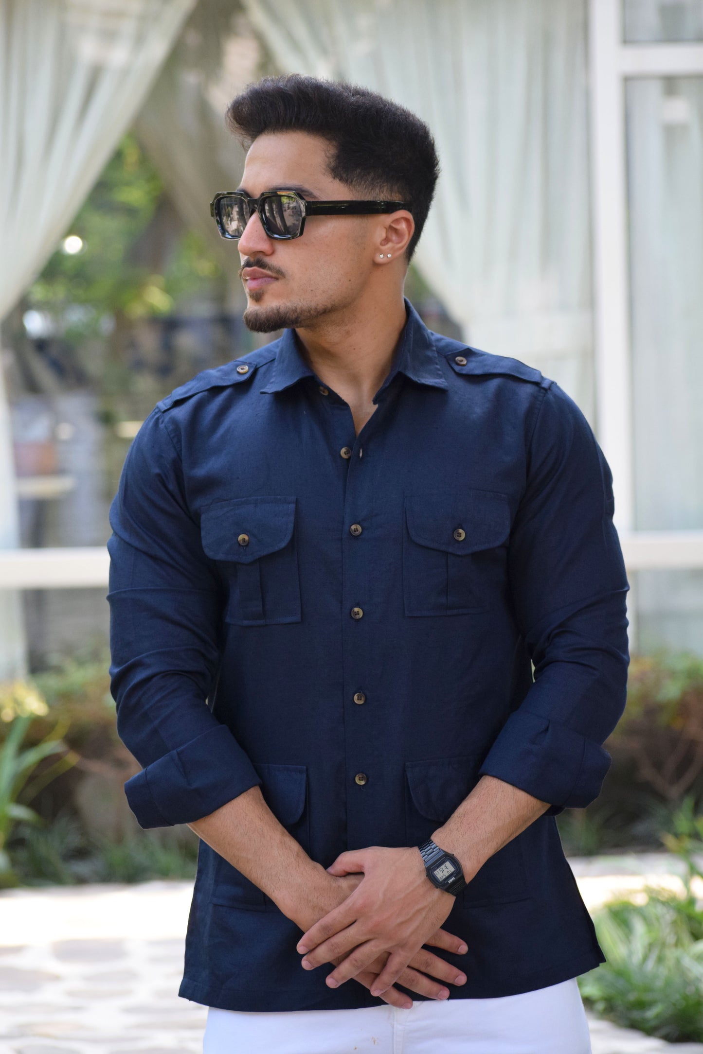 Navy Blue Color Turkish Linen Hunting Shirt