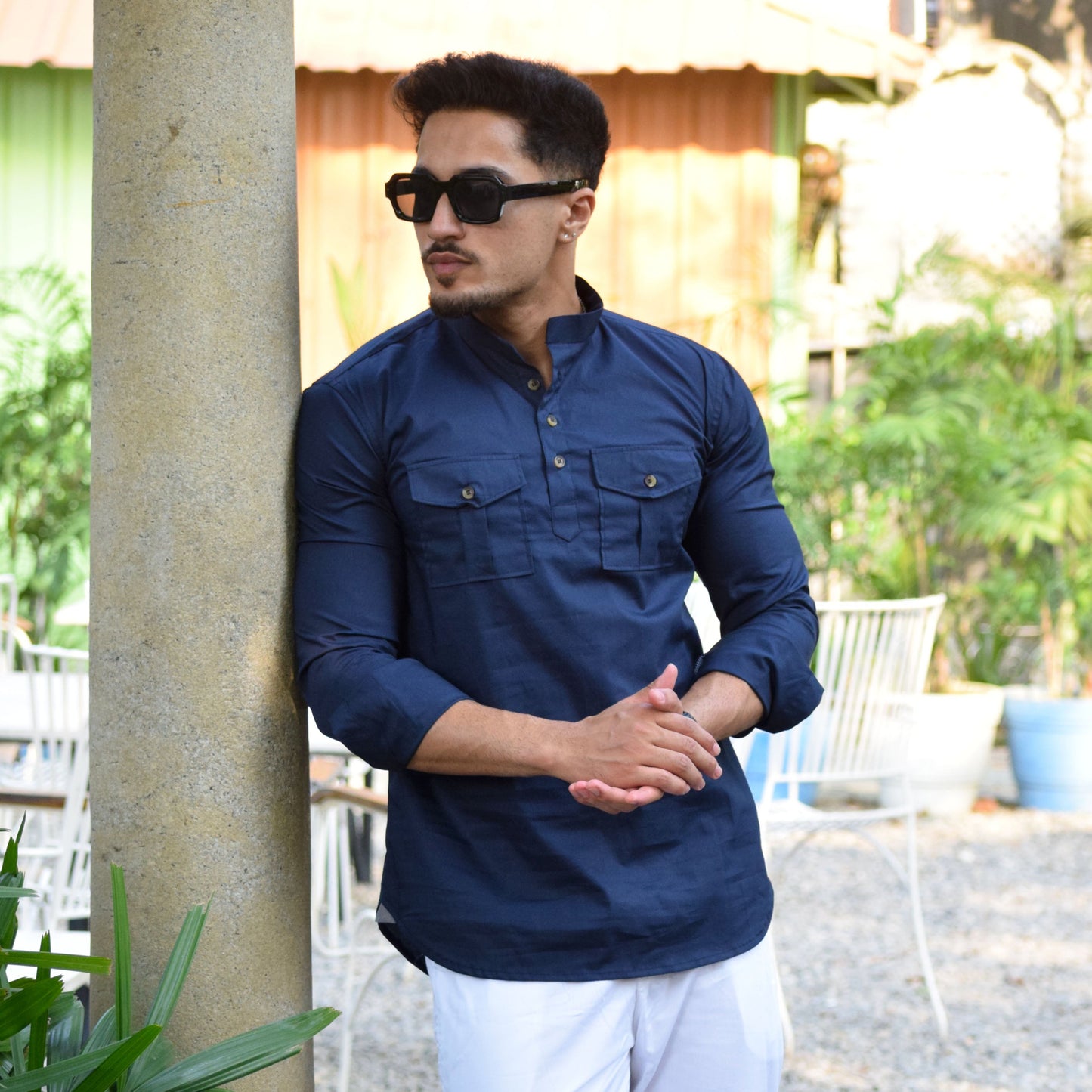 Navy Blue Mandarin Collar Short Kurta