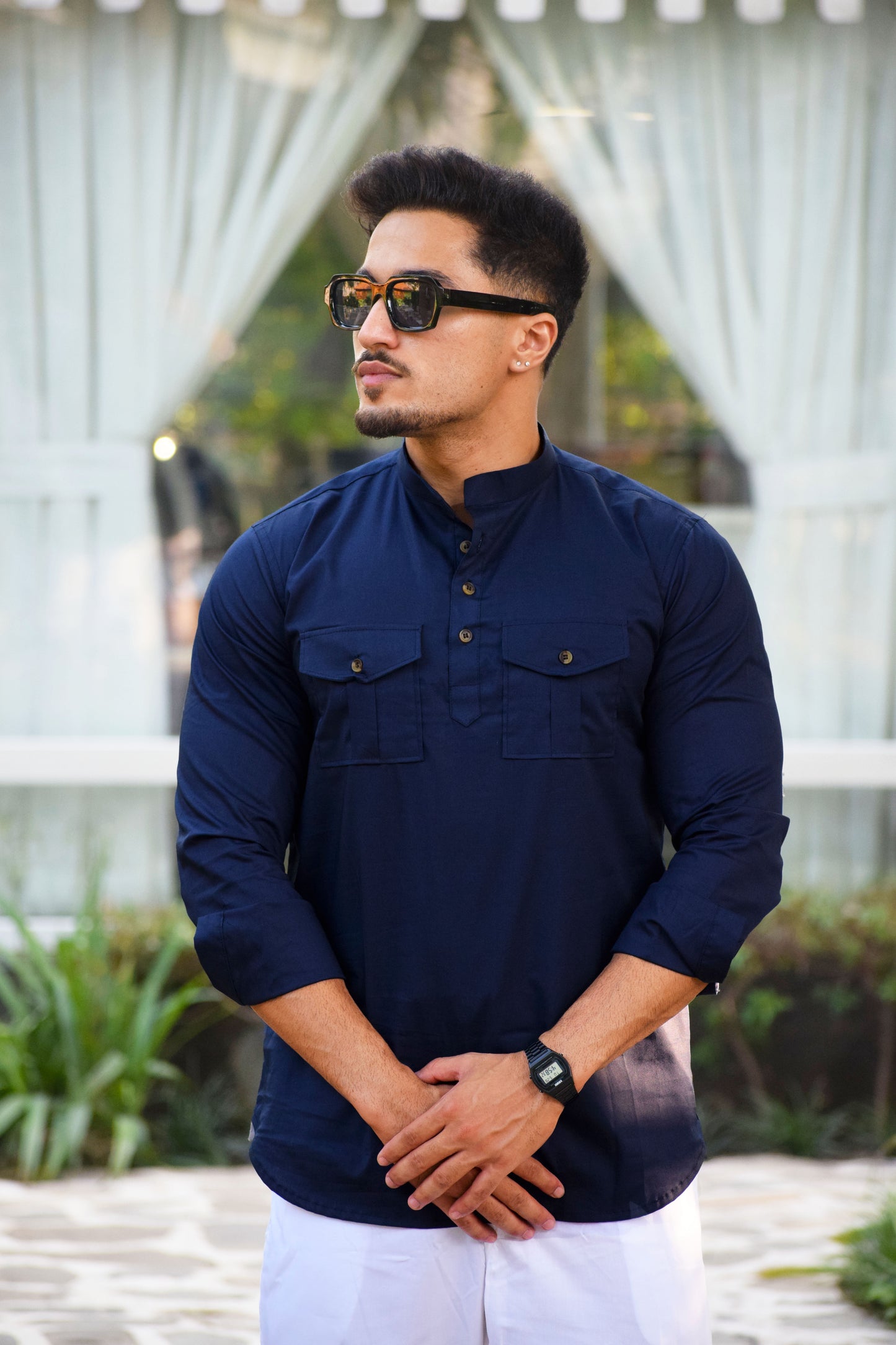Navy Blue Mandarin Collar Short Kurta