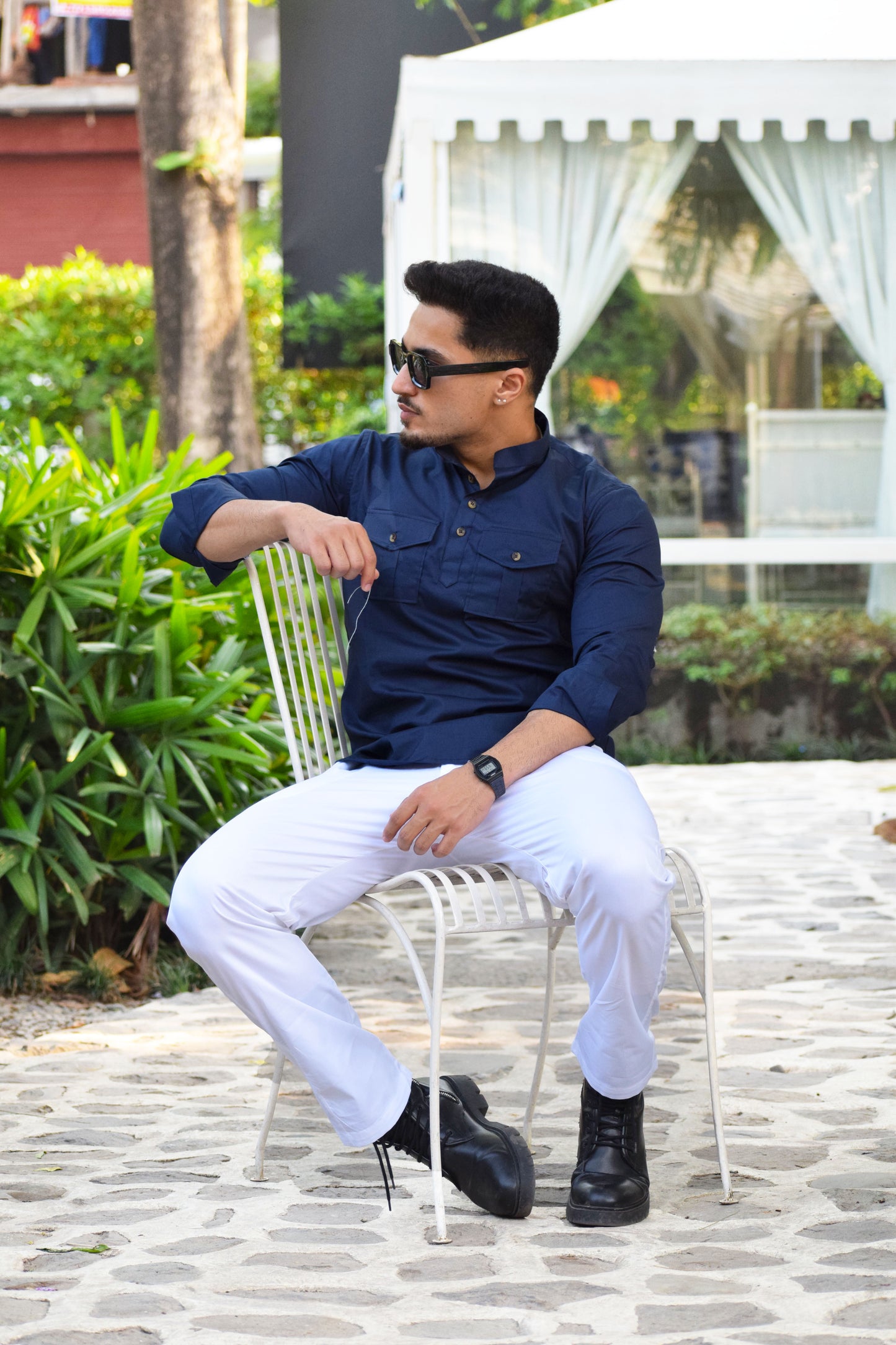 Navy Blue Mandarin Collar Short Kurta