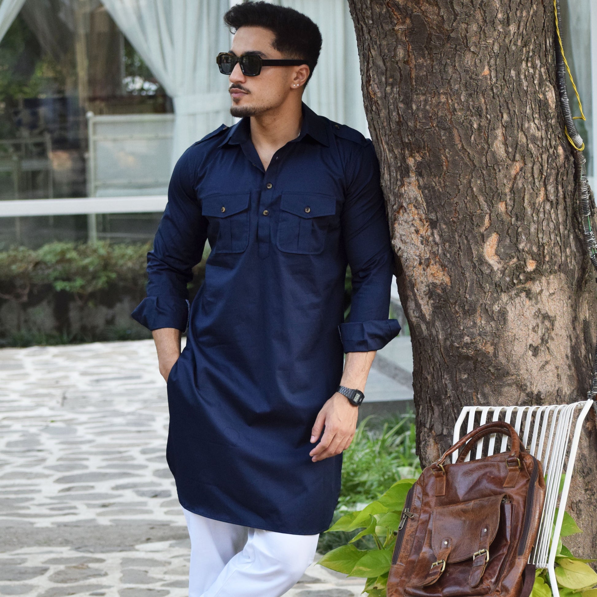 Navy Blue Short Hunting Style Kurta-Pajama set XS