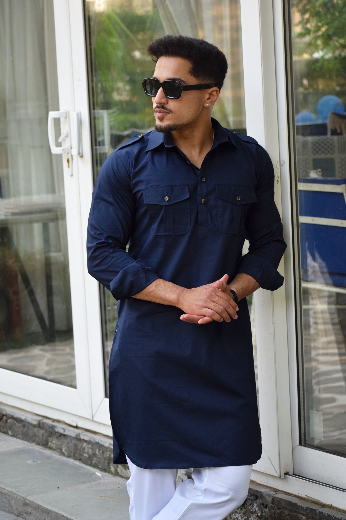Navy Blue Short Hunting Style Kurta-Pajama set